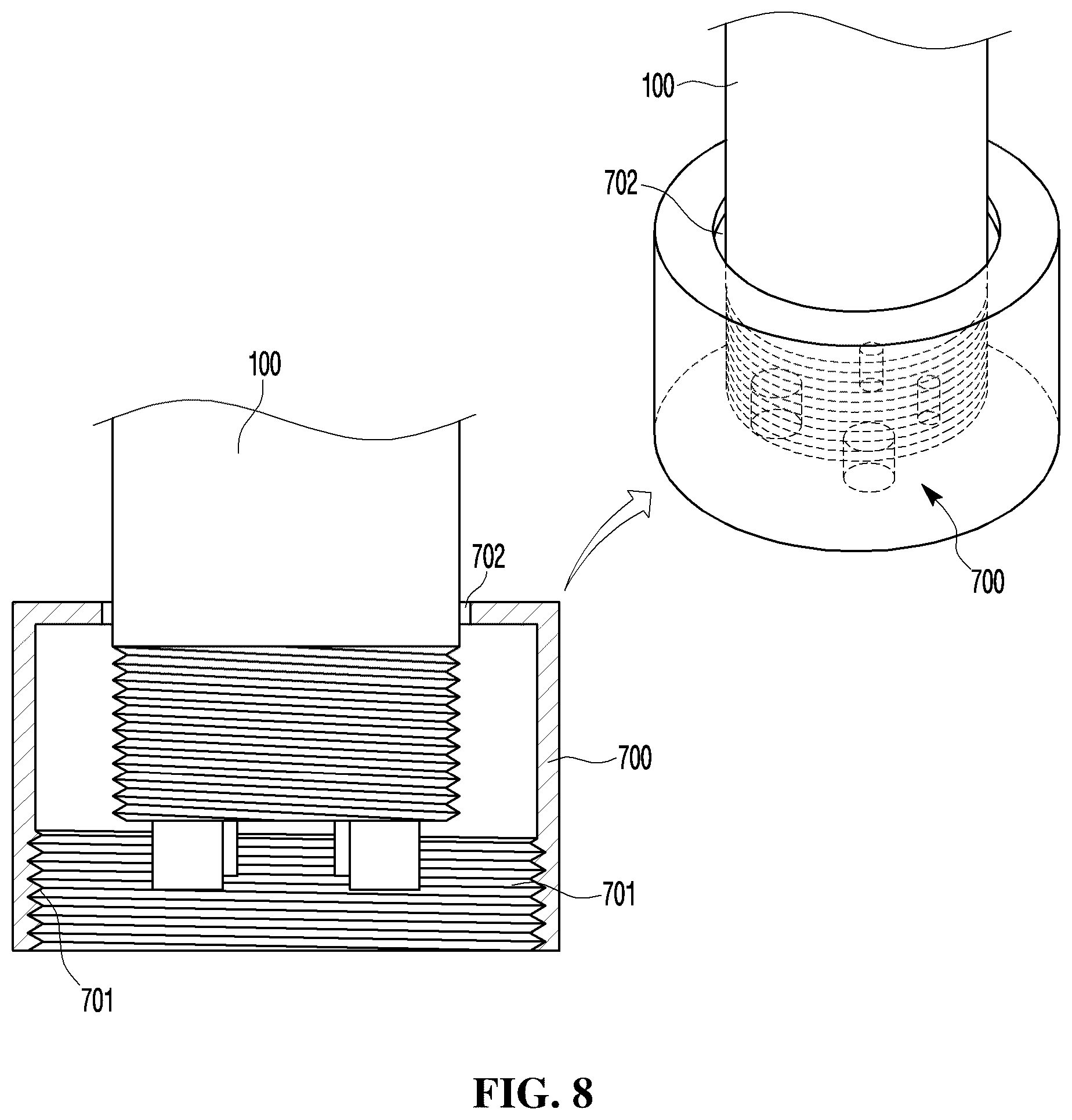 Patent US12599459 Figure 8 – Device comprising handpiece connector having filter coupled thereto