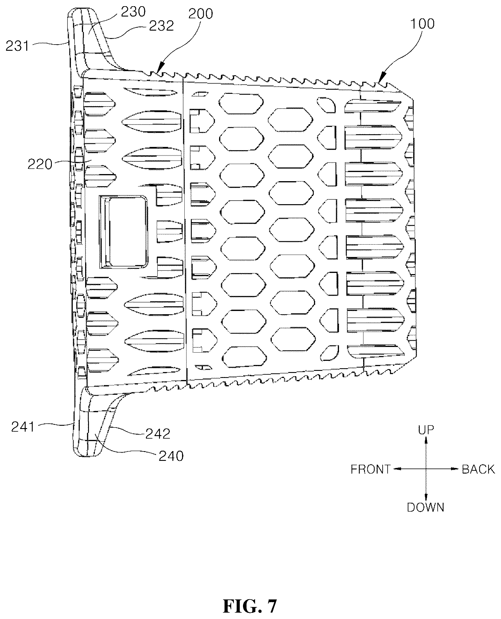 Patent US12599489 Figure 7 – Spinal cage fixable through insertion of bone screws