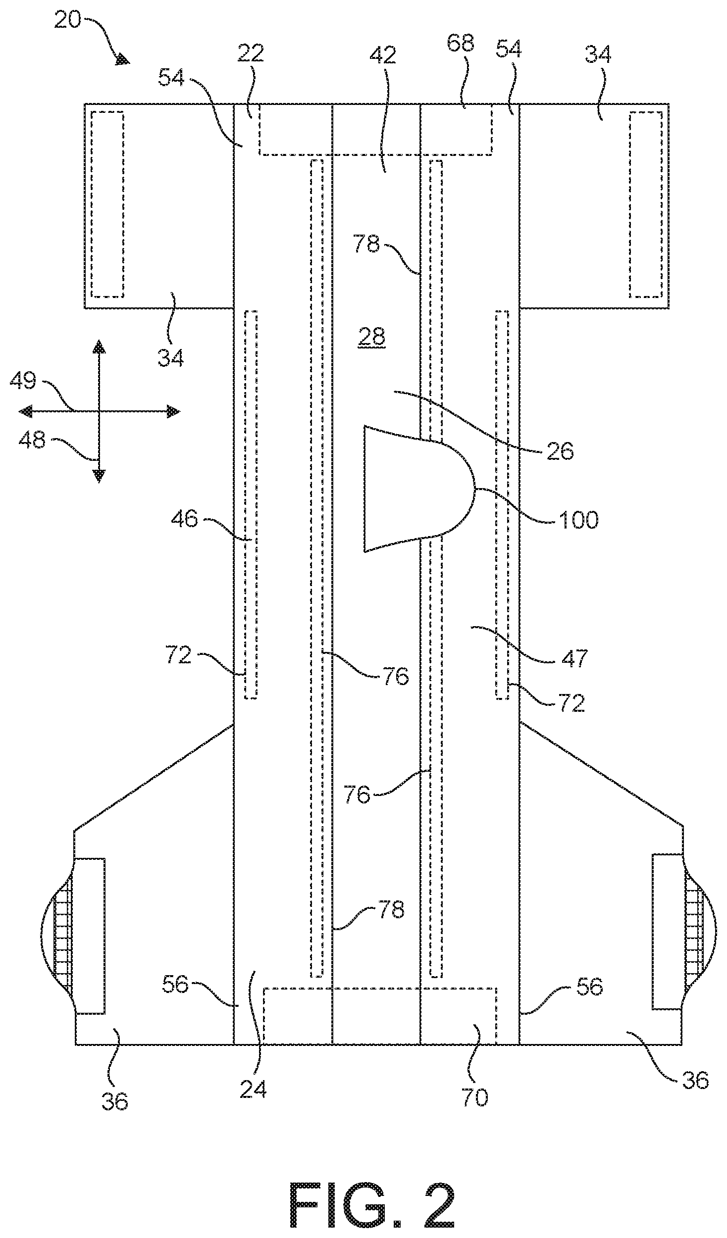 Patent US12599510 Figure 2 – Absorbent article with leak-proof containment flaps