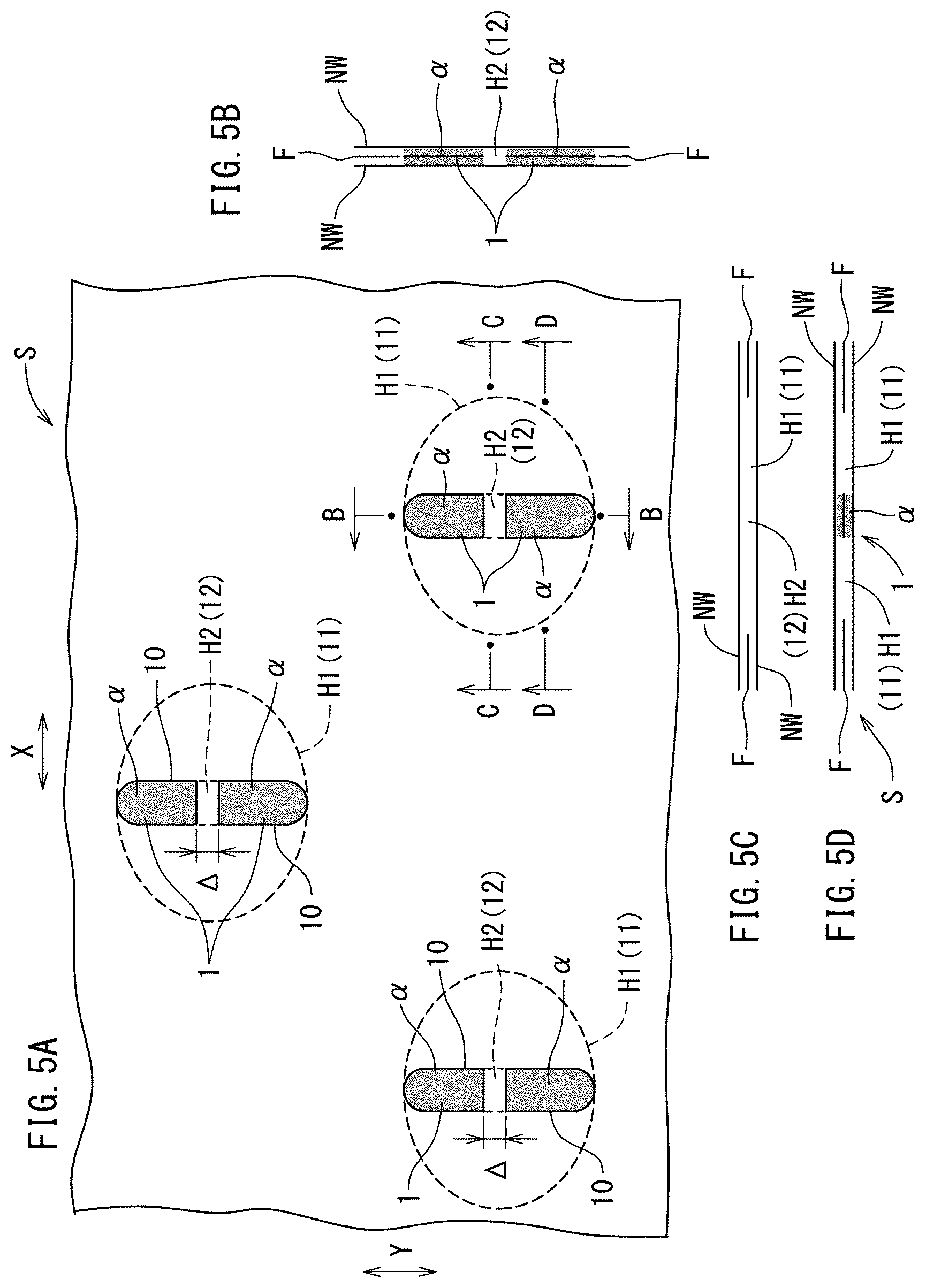 Patent US12599513 Figure 5 – Stretch layered sheet, disposable wearing article, and method and device for manufacturing stretch layered sheet