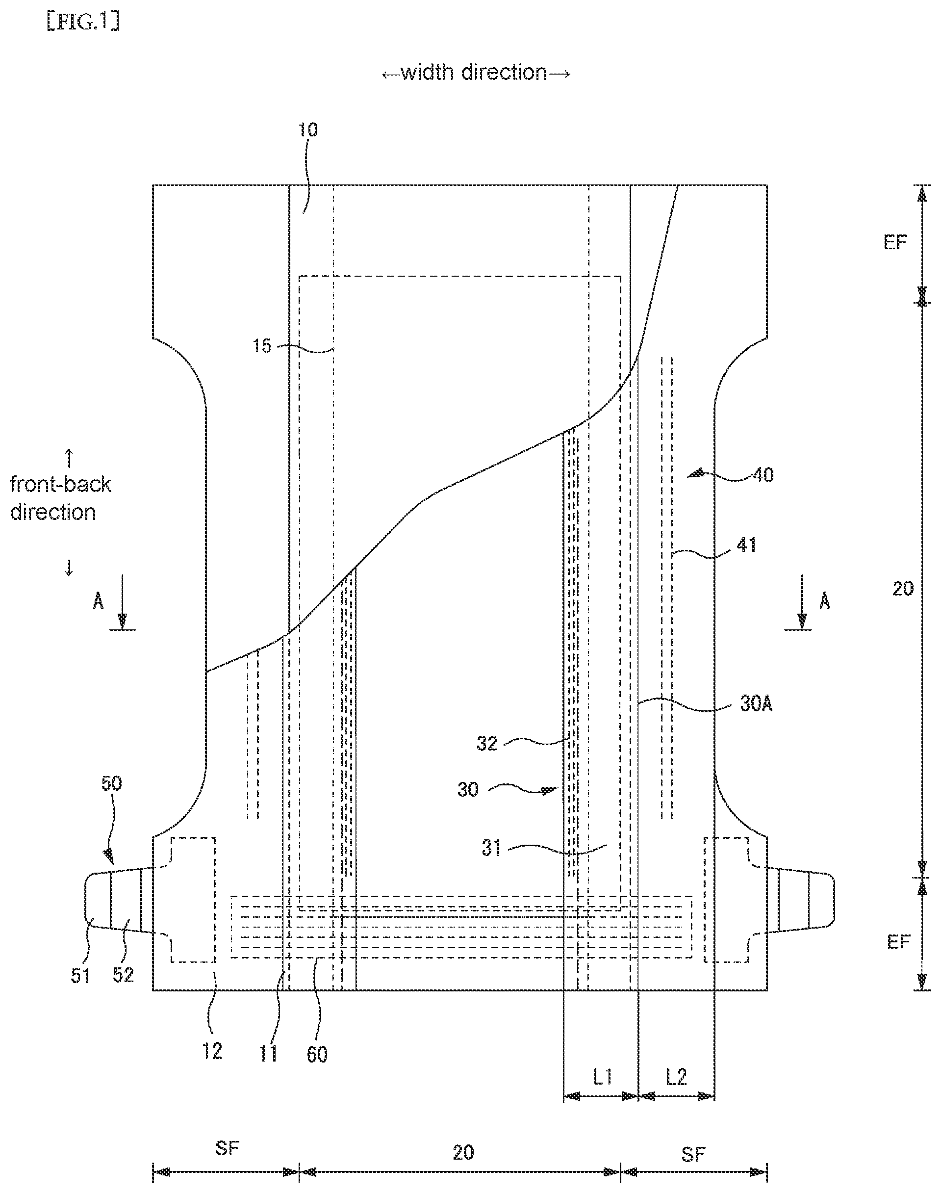 Patent US12599514 Figure 1 – Disposable diaper and method for manufacturing same