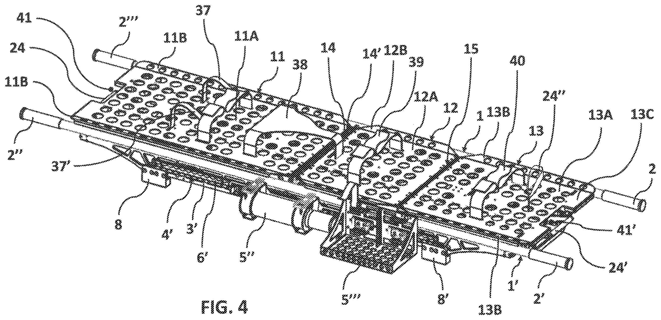Patent US12599517 Figure 4 – Stretcher equipped with systems for attaching removable medical equipment