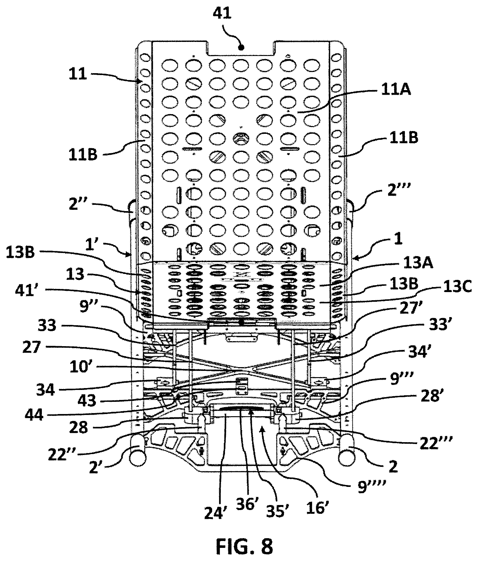 Patent US12599517 Figure 8 – Stretcher equipped with systems for attaching removable medical equipment