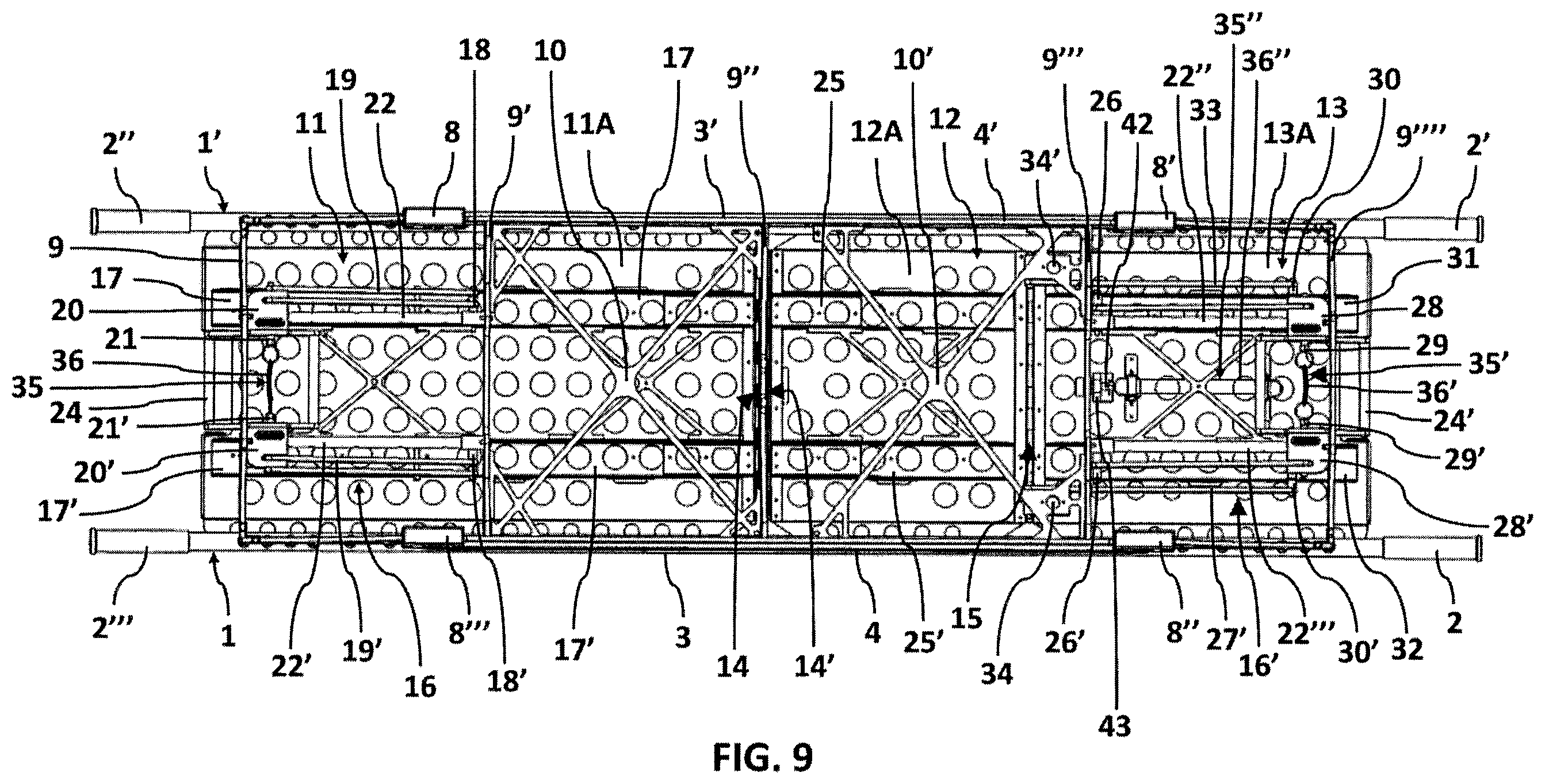 Patent US12599517 Figure 9 – Stretcher equipped with systems for attaching removable medical equipment
