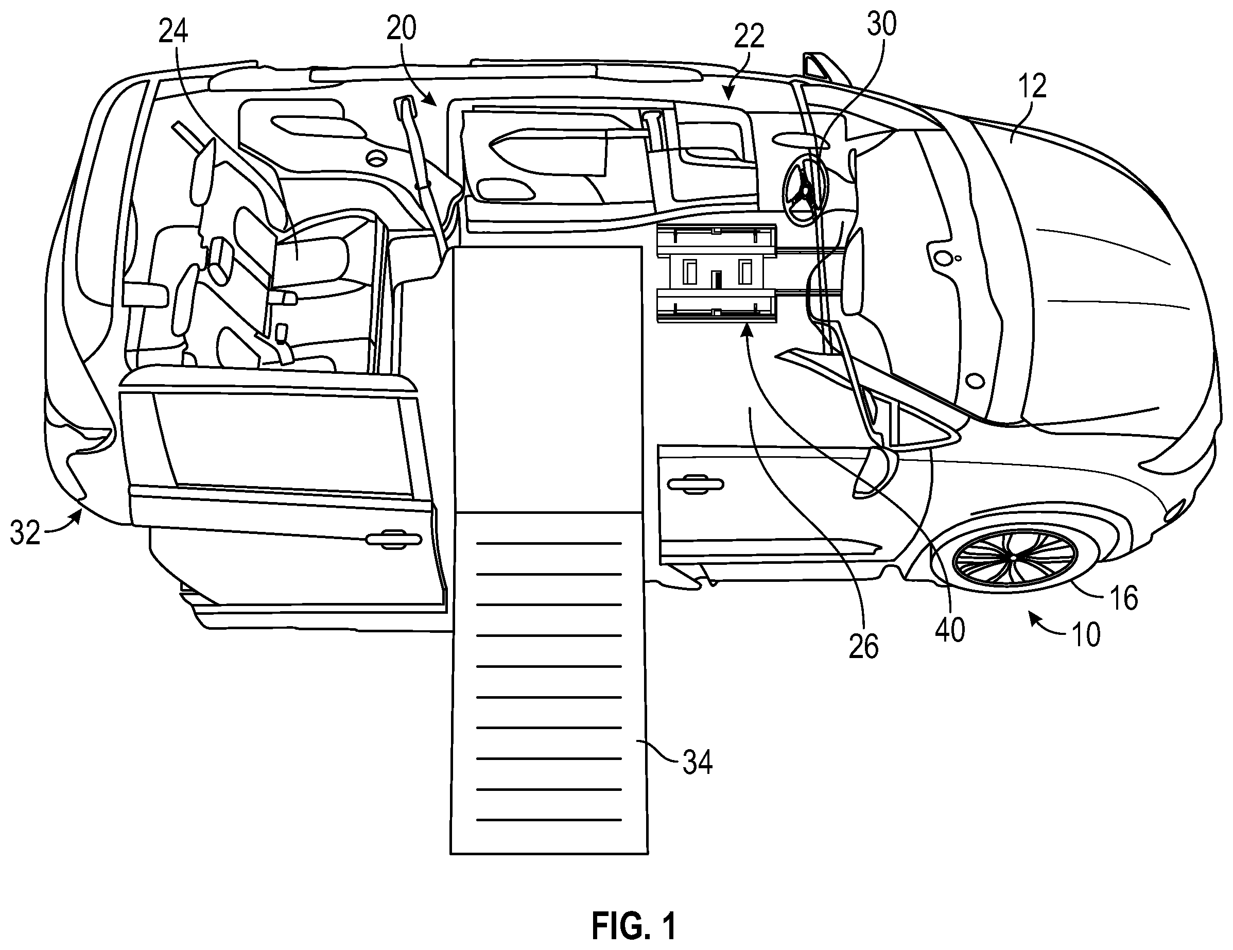 Patent US12599519 Figure 1 – Wheelchair docking system for a vehicle