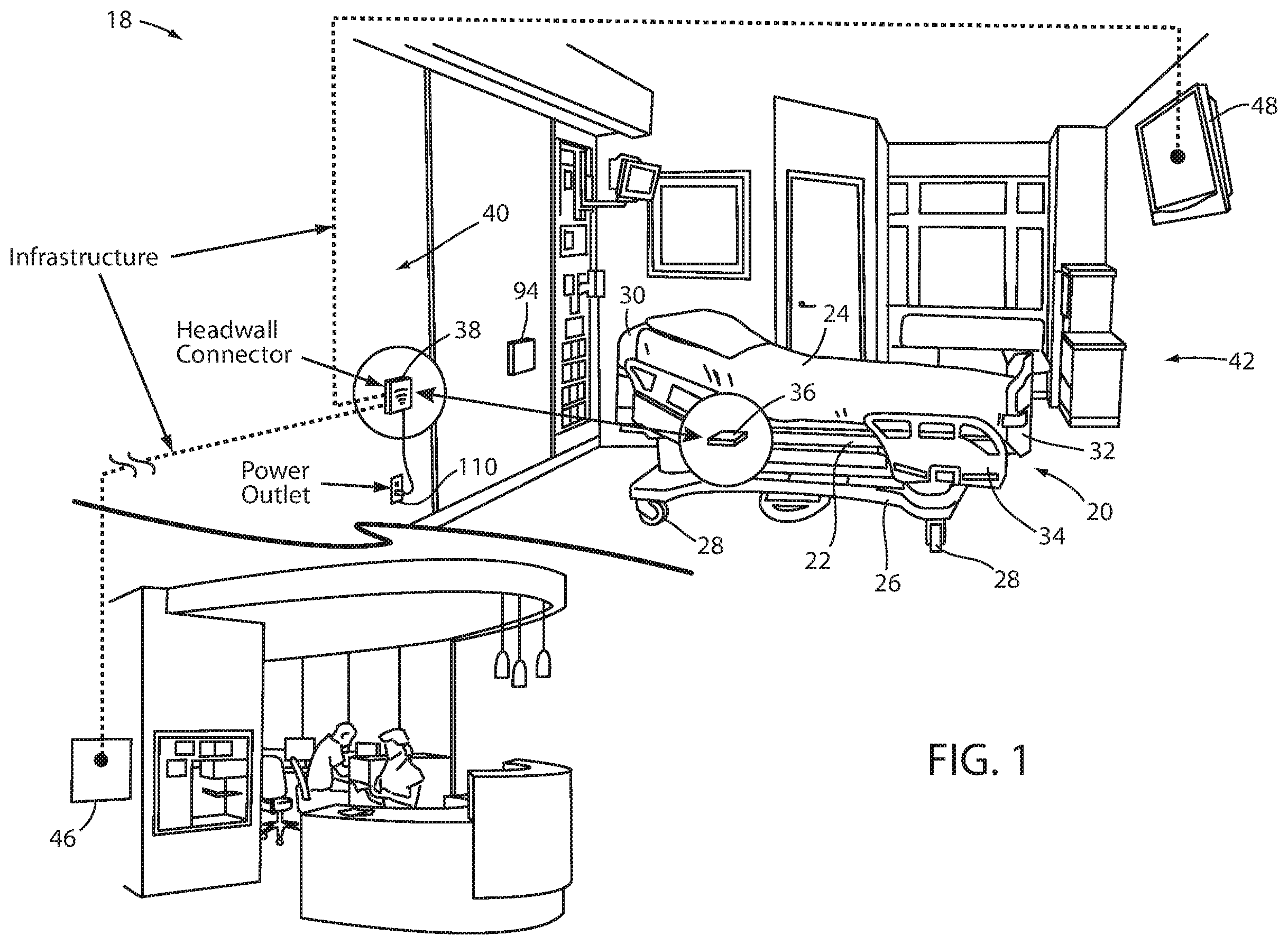Patent US12599522 — Patient support apparatuses with wireless headwall communication — Figure 1
