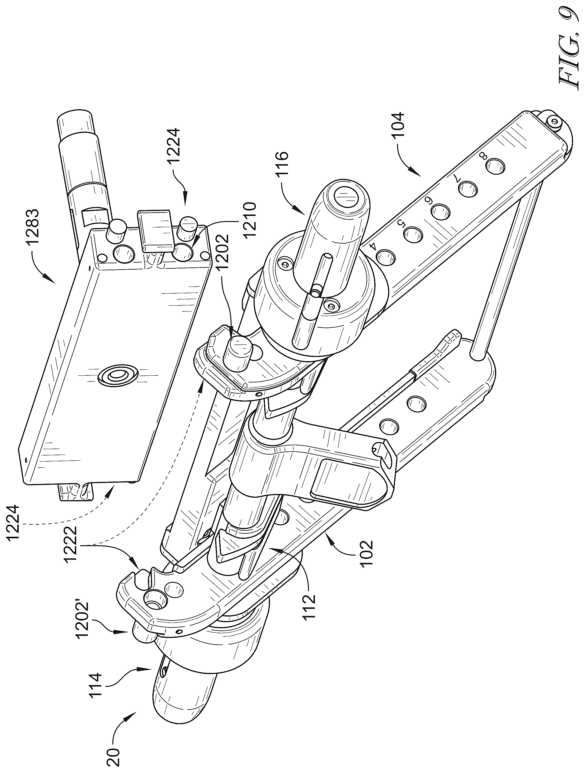 Patent US12599526 Figure 9 – Surgical support system with support top height adjustment