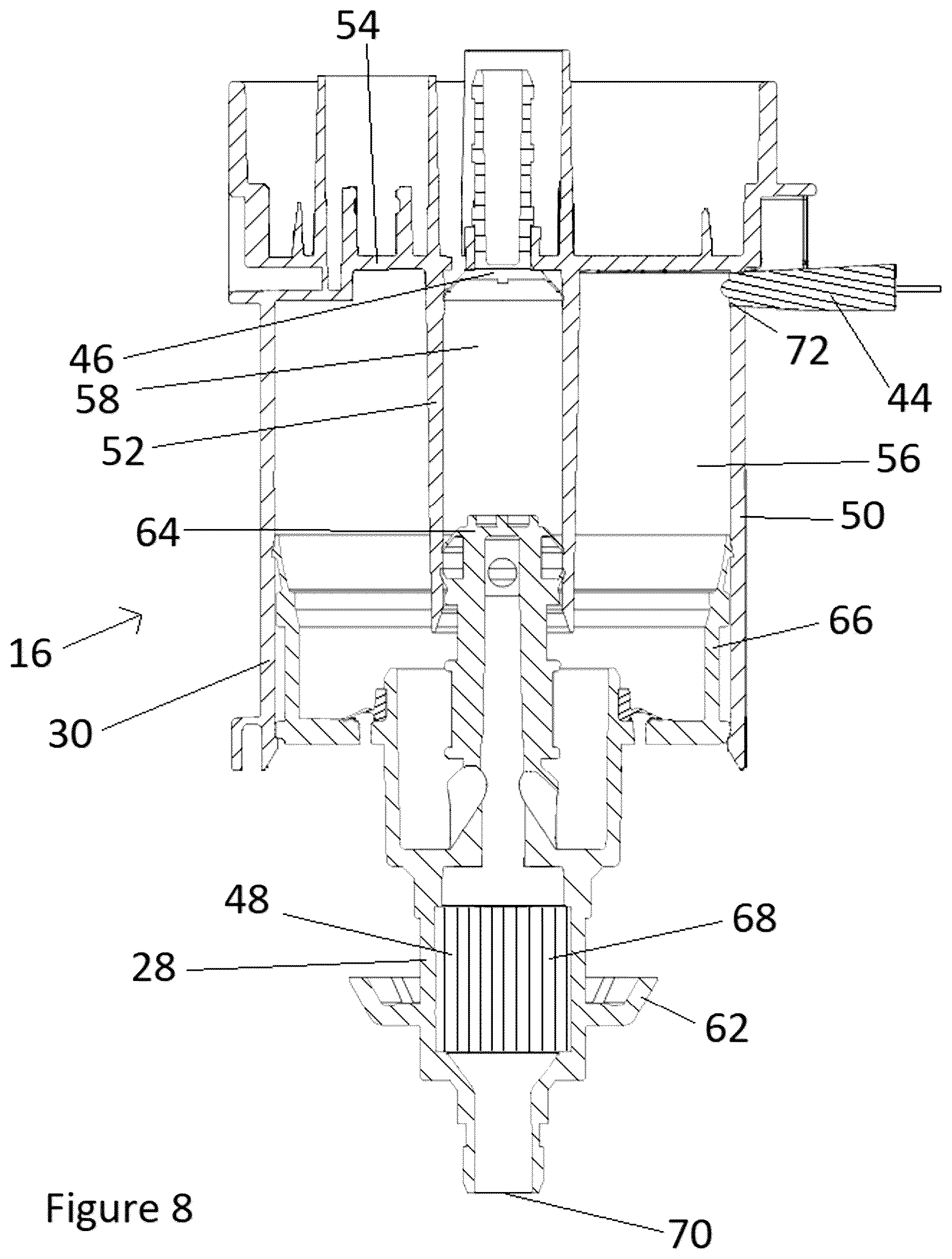 Patent US12599687 Figure 8 – Fluid dispenser with UV sanitation