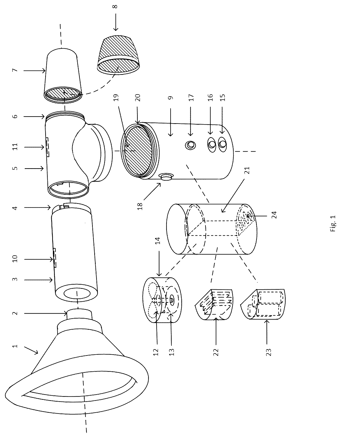 Patent US12599713 Figure 1 – Modular portable anti-choking device with advanced suction control