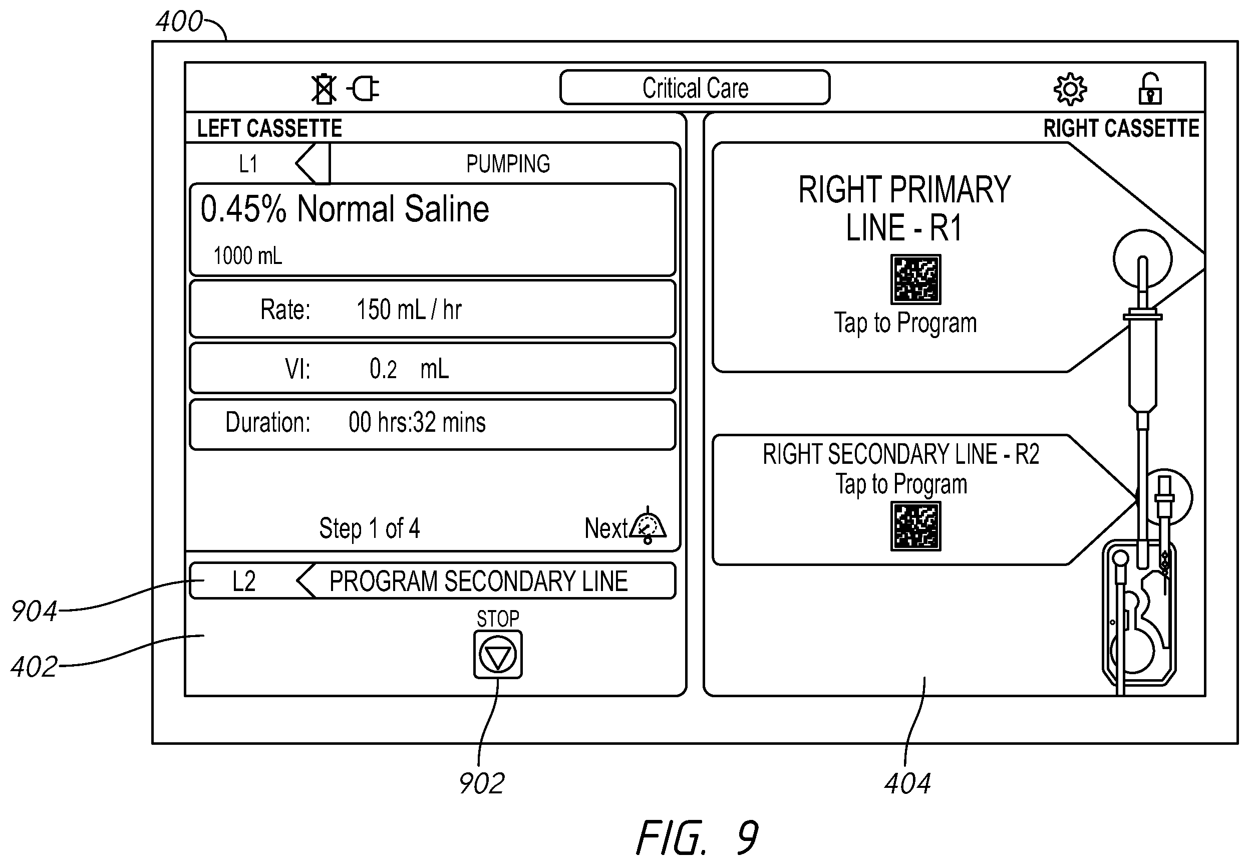 Patent US12599716 Figure 19 – Intravenous infusion pump with cassette insertion and pump control user interface