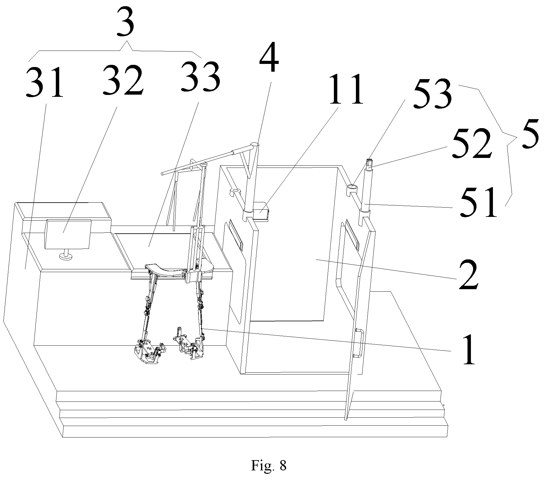 Patent US12599802 Figure 8 – Training mechanism and robot for water-based lower-limb rehabilitation