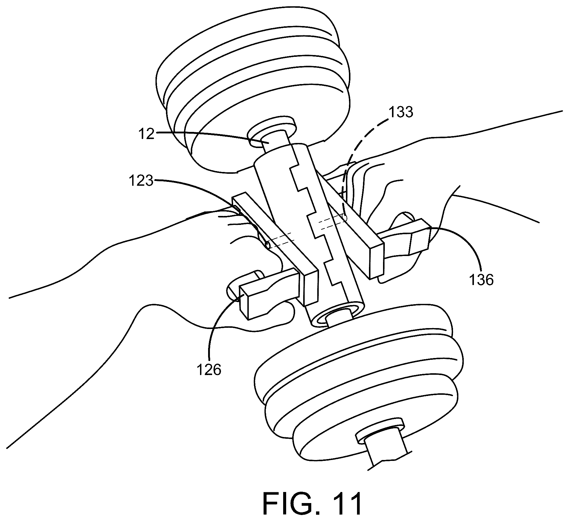 Patent US12599811 Figure 11 – Two-handed dumbbell grip