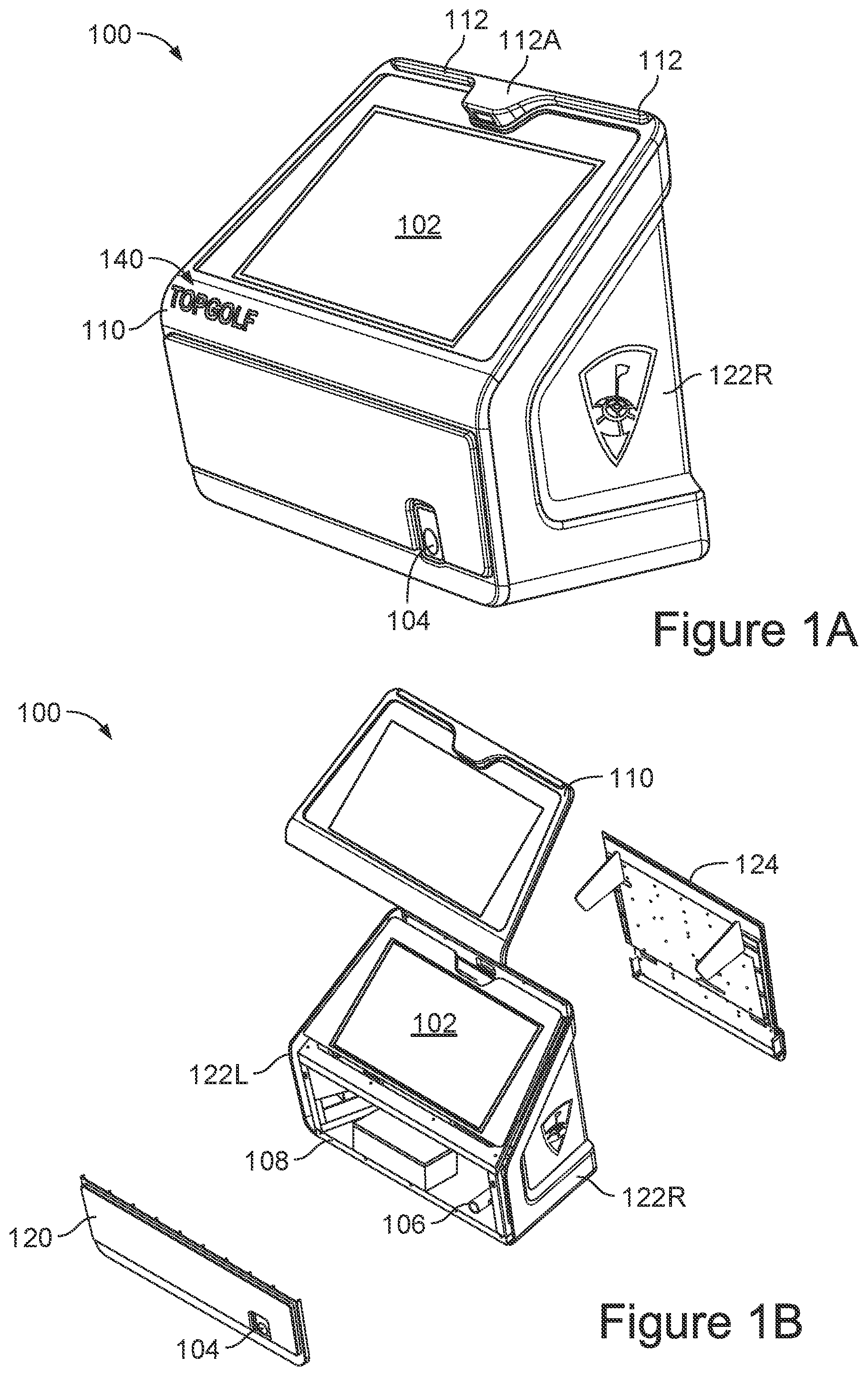 Patent US12599816 Figure 1 – Golf ball dispenser with embedded display device, separate front waterfall panel and/or blower assembly