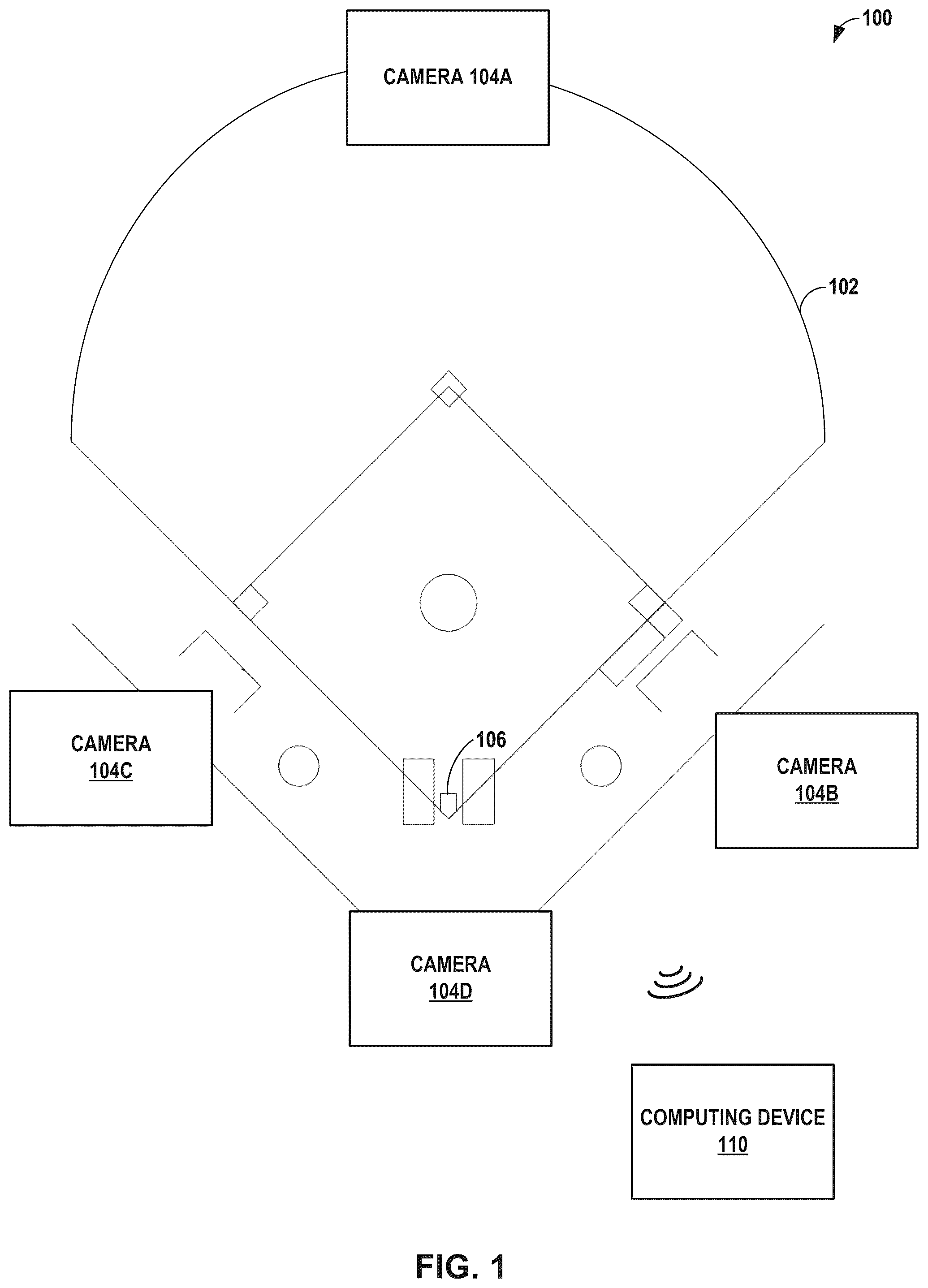 Patent US12599832 Figure 1 – Automatic umpiring system