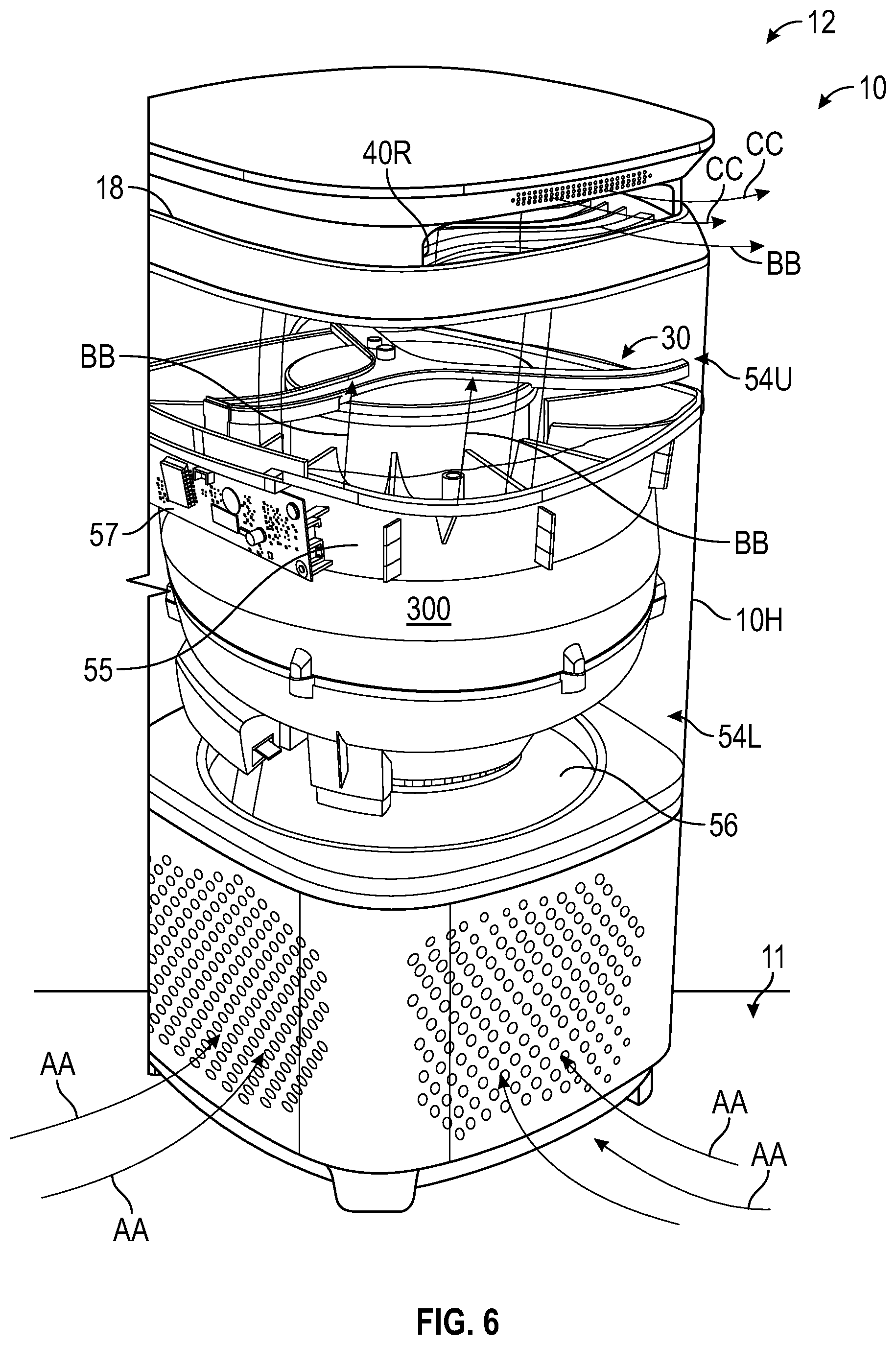Patent US12599863 Figure 6 – Air purifier with integrated electronics cooling