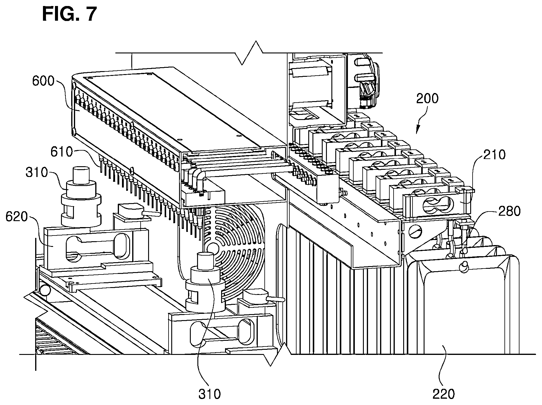 Patent US12599880 Figure 7 – Raw material/container supply device for individual-specific cosmetics manufacturing selling machine