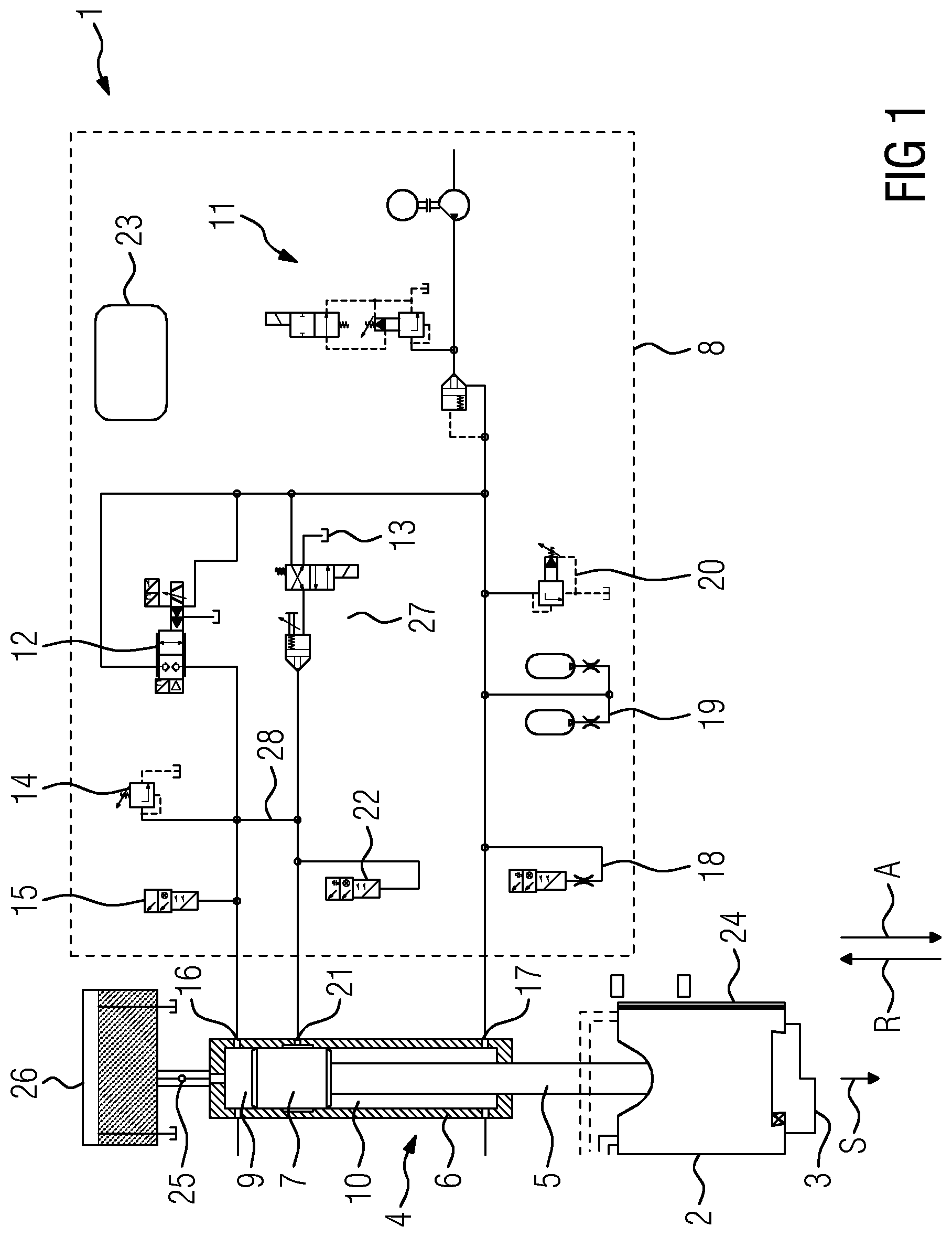 Patent US12599954 Figure 1 – Hydraulic forming machine for pressing workpieces, in particular forging hammer, and method for operating a hydraulic forming machine, in particular a forging hammer