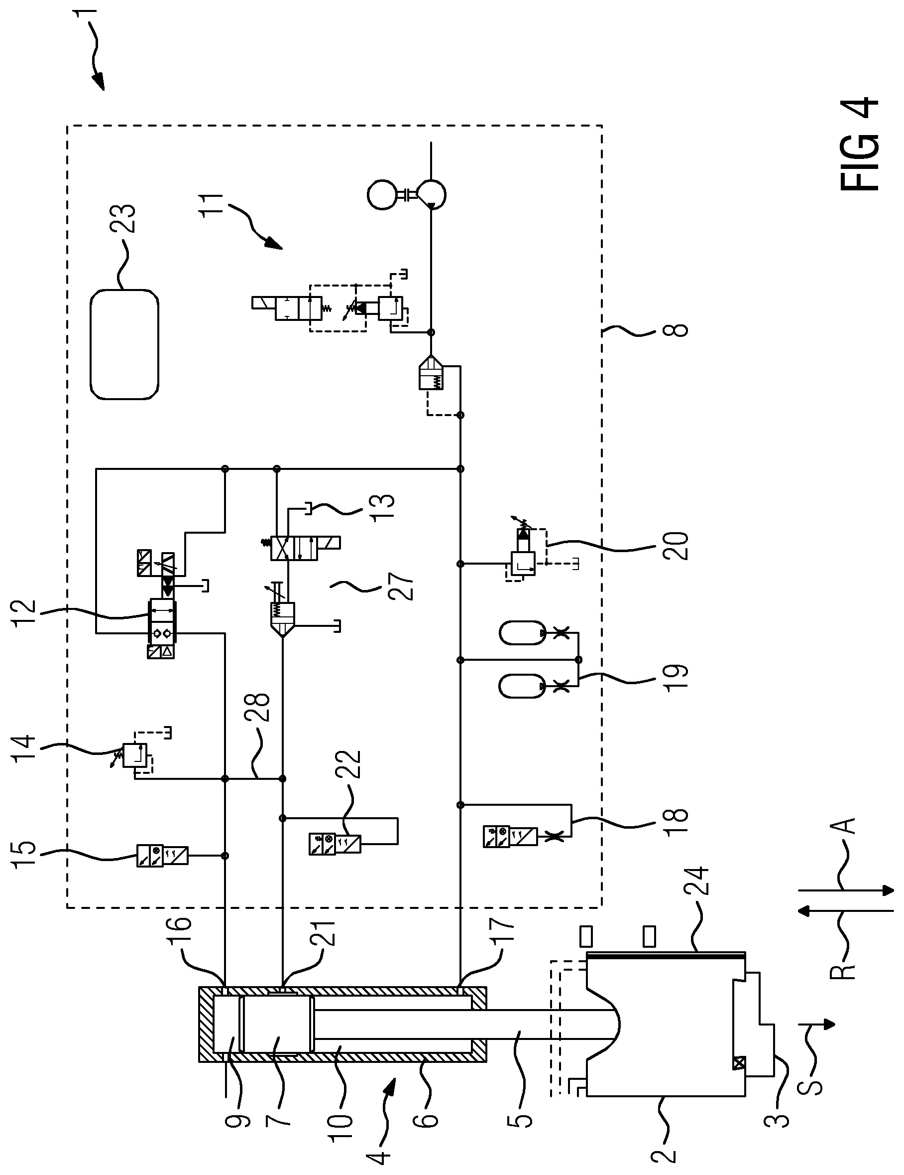 Patent US12599954 Figure 4 – Hydraulic forming machine for pressing workpieces, in particular forging hammer, and method for operating a hydraulic forming machine, in particular a forging hammer