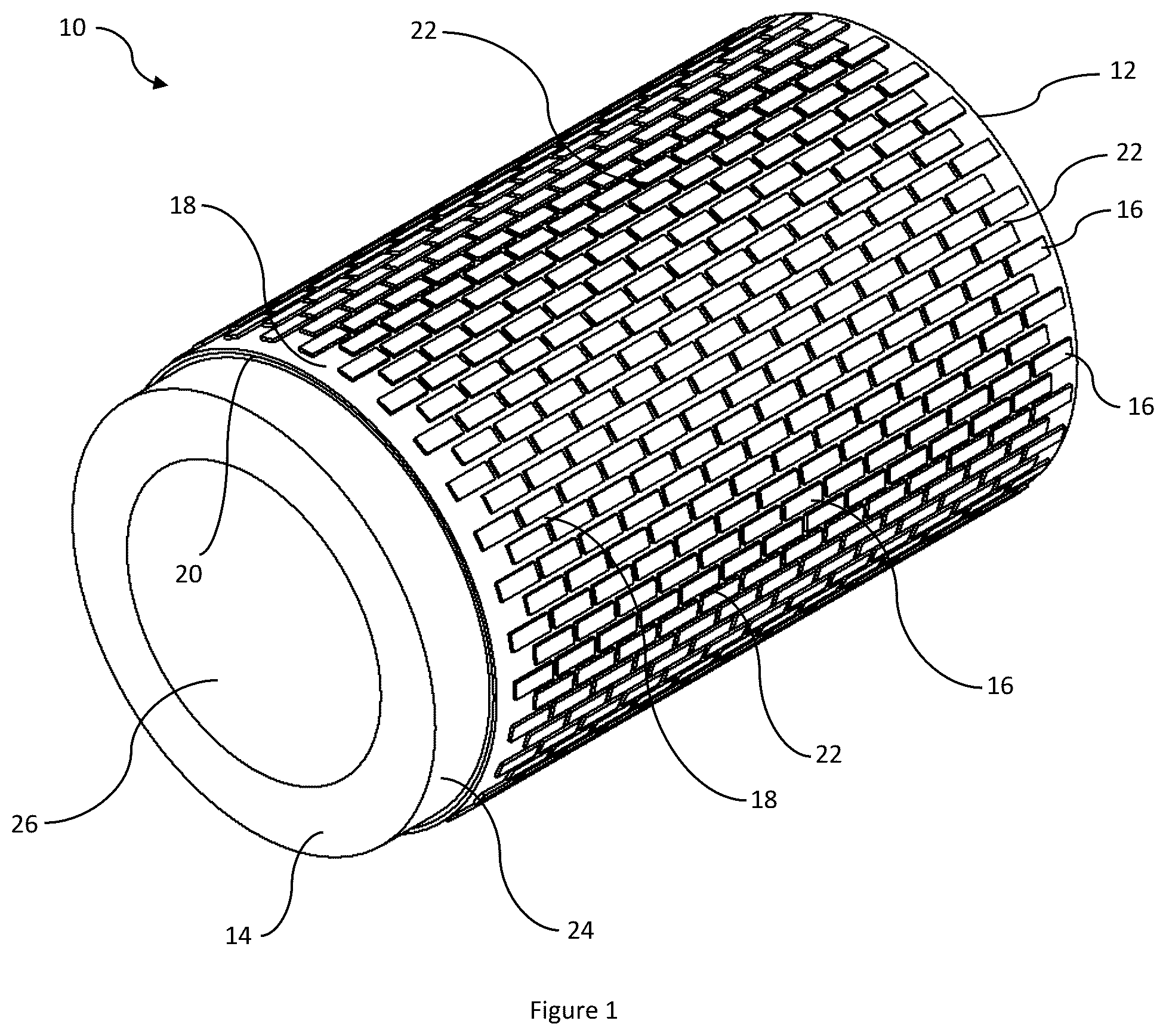 Patent US12599963 Figure 1 – Channeled hardfacing wear protection incorporating matrix composite and hard elements