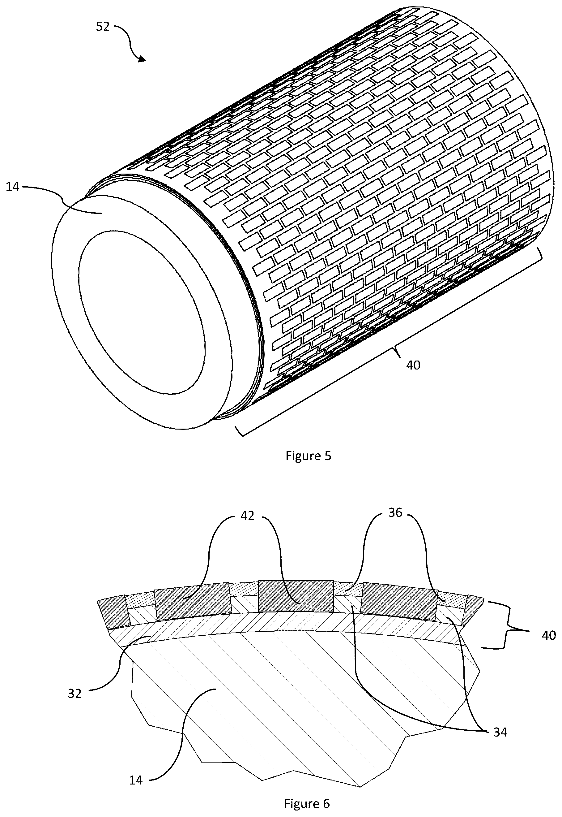 Patent US12599963 Figure 4 – Channeled hardfacing wear protection incorporating matrix composite and hard elements