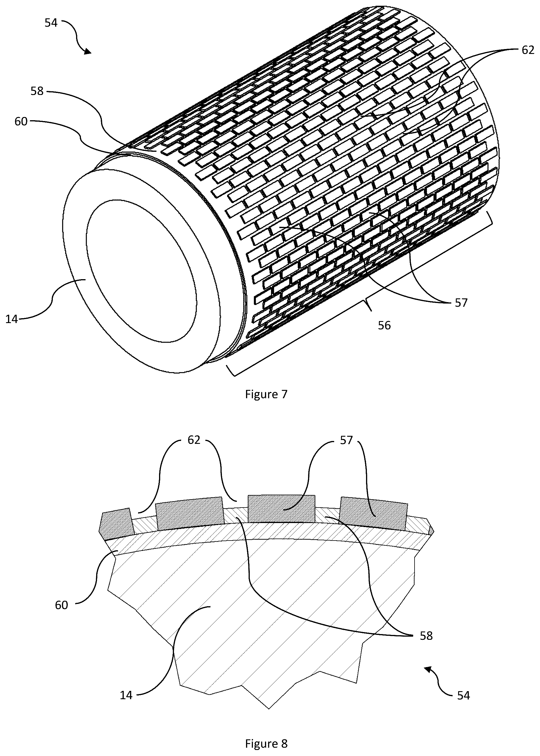 Patent US12599963 Figure 5 – Channeled hardfacing wear protection incorporating matrix composite and hard elements