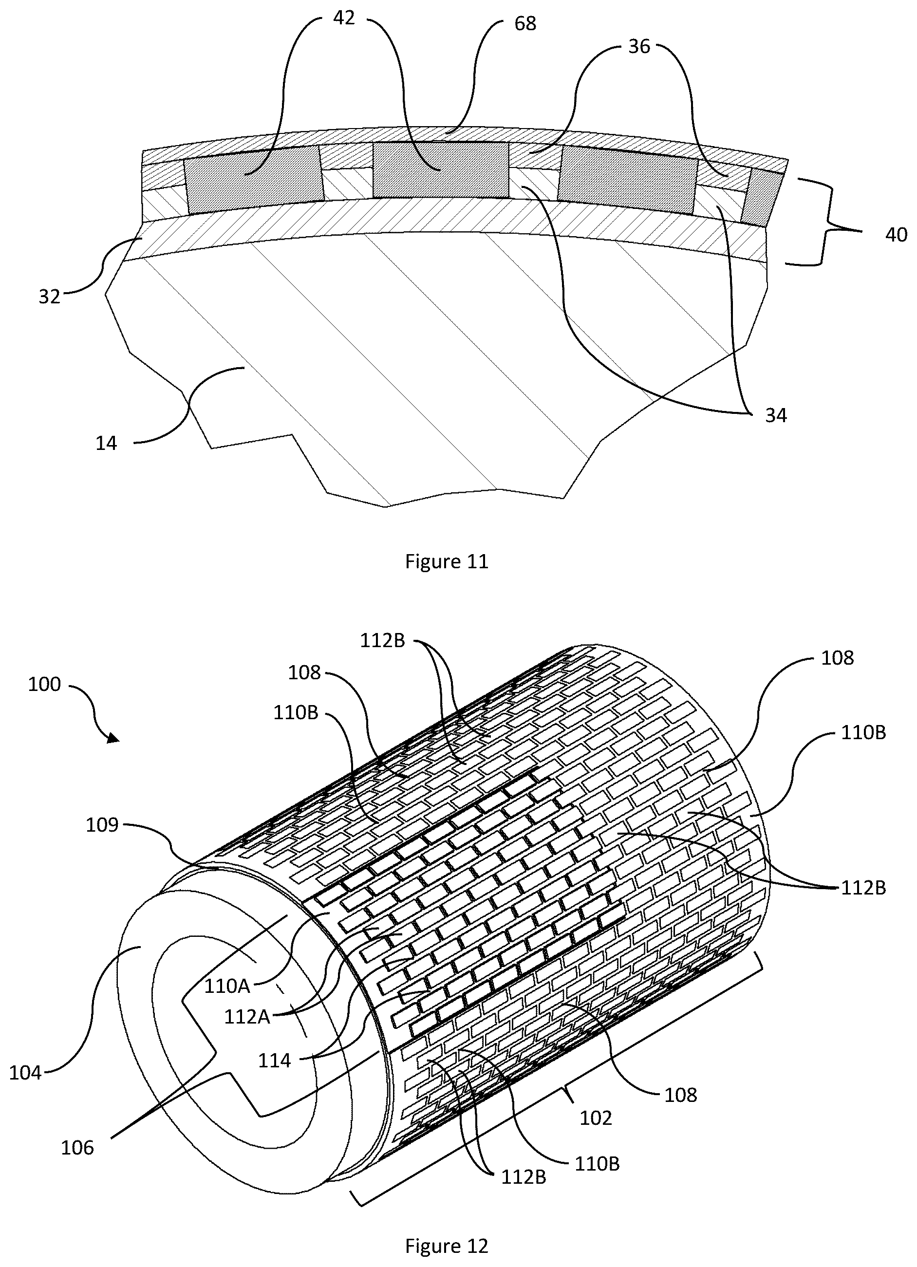 Patent US12599963 Figure 7 – Channeled hardfacing wear protection incorporating matrix composite and hard elements