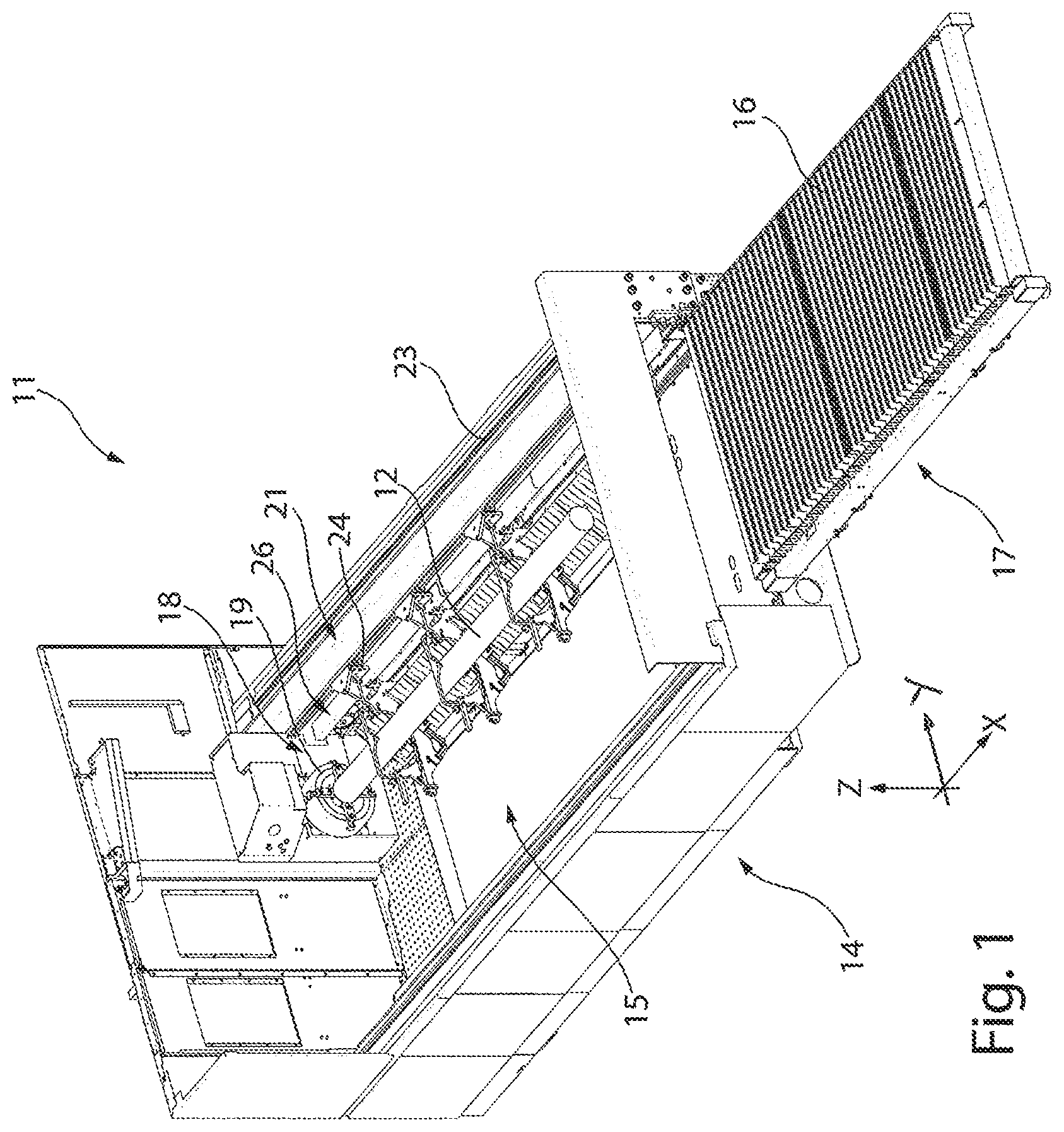 Patent US12599992 Figure 1 – Supporting device for a laser processing machine and laser processing machine