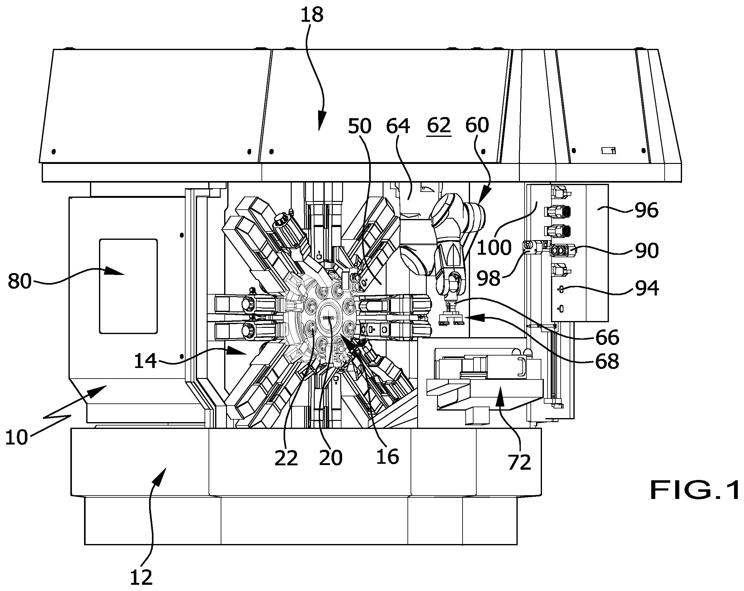 Patent US12599996 Figure 1 – Multi-spindle machine tool