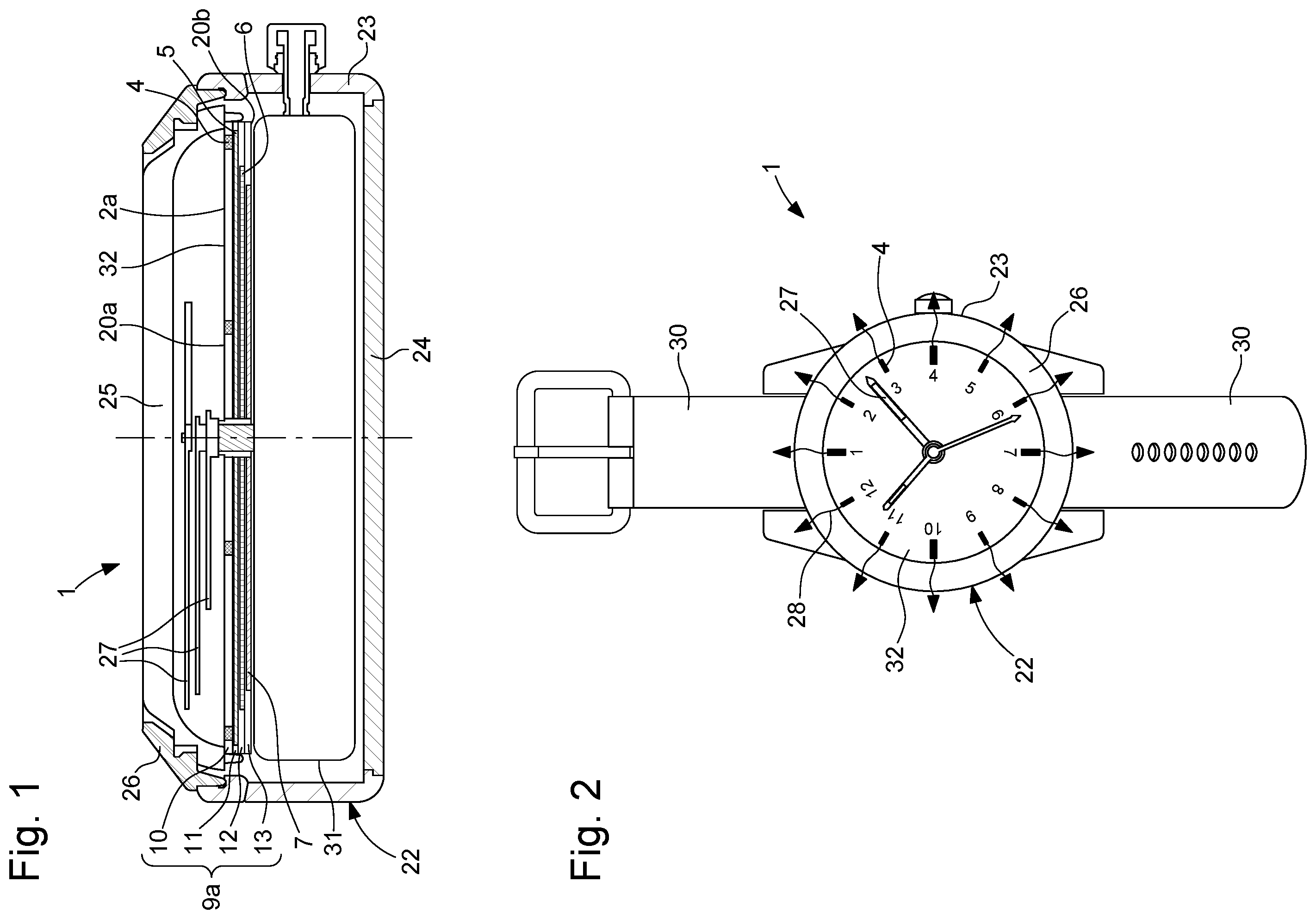 Patent US12602011 Figure 1 – Timepiece comprising an external element