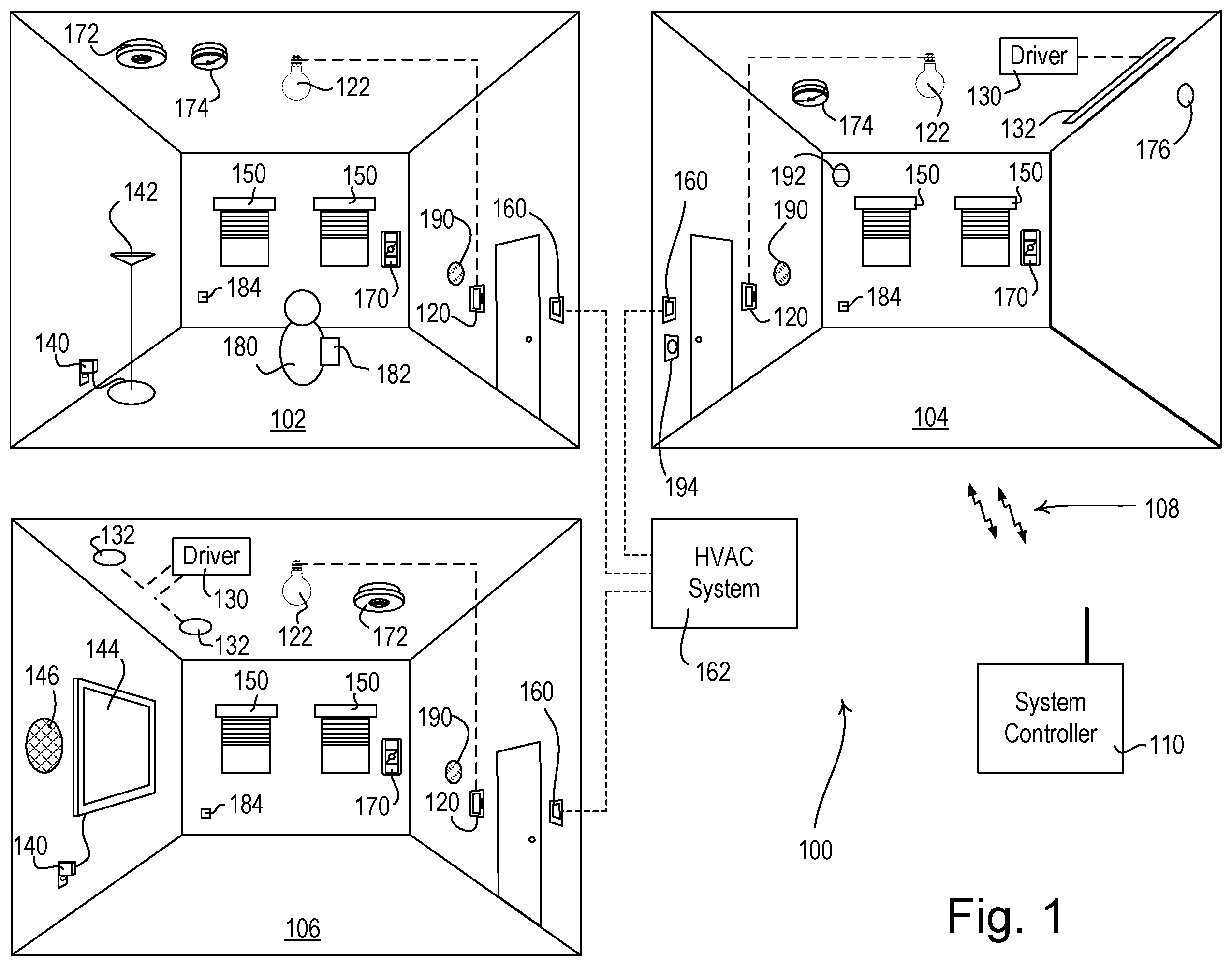 Patent US12602020 Figure 1 – Load control system responsive to location of an occupant and mobile devices