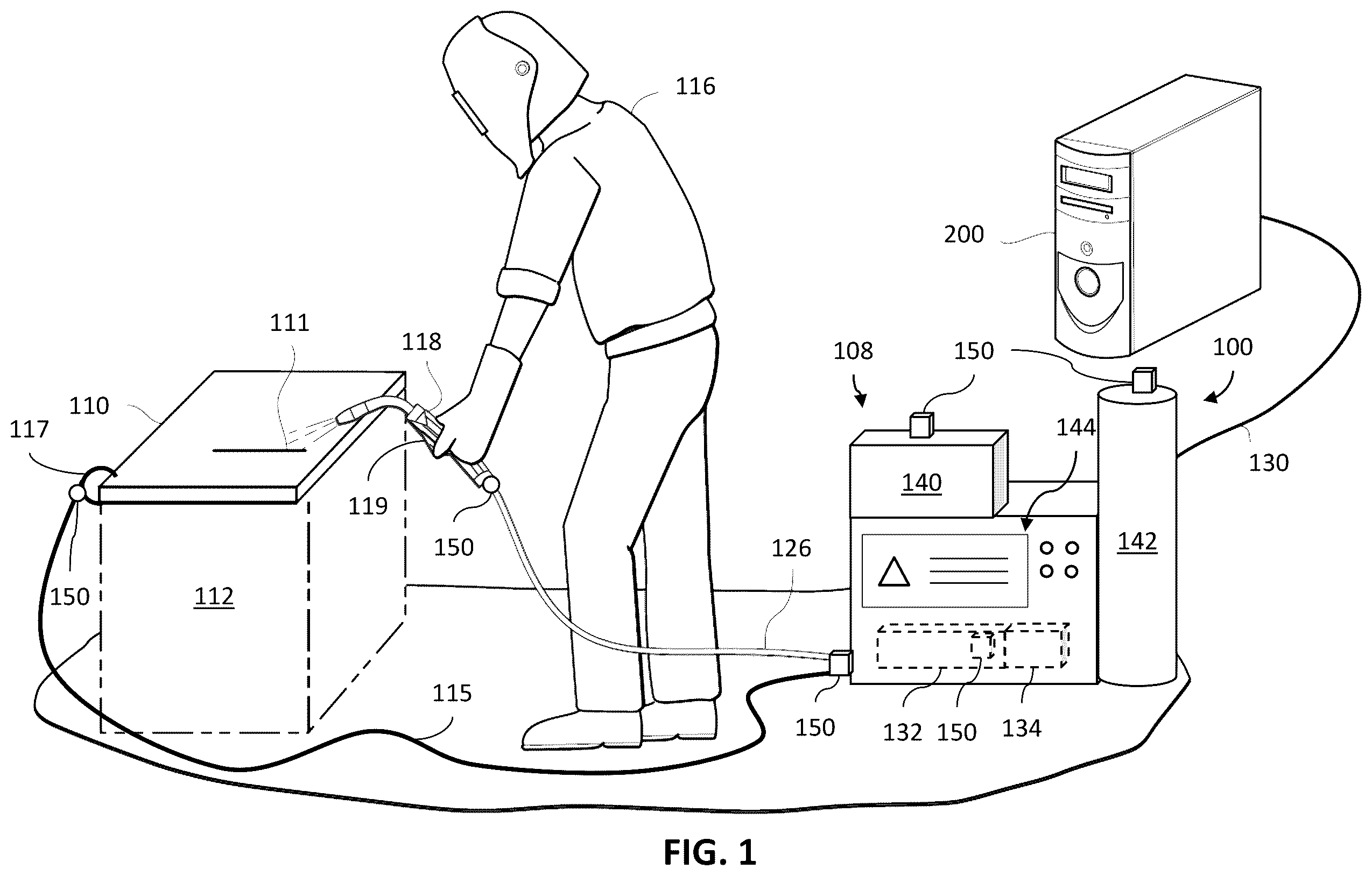 Patent US12602034 Figure 1 – Distributed weld monitoring system with job tracking