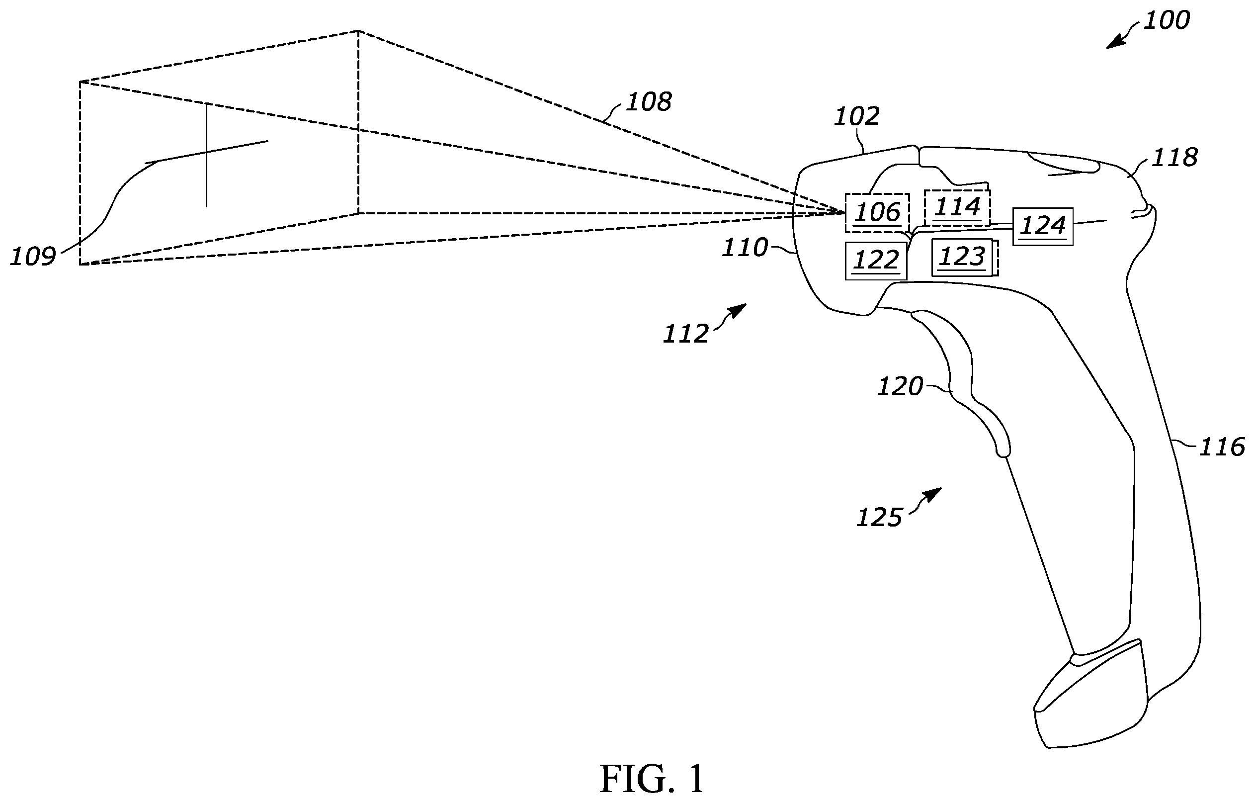 Patent US12602069 Figure 1 – Systems and methods for dynamically changing regulator voltage of a scanning device having an illumination system and an imager