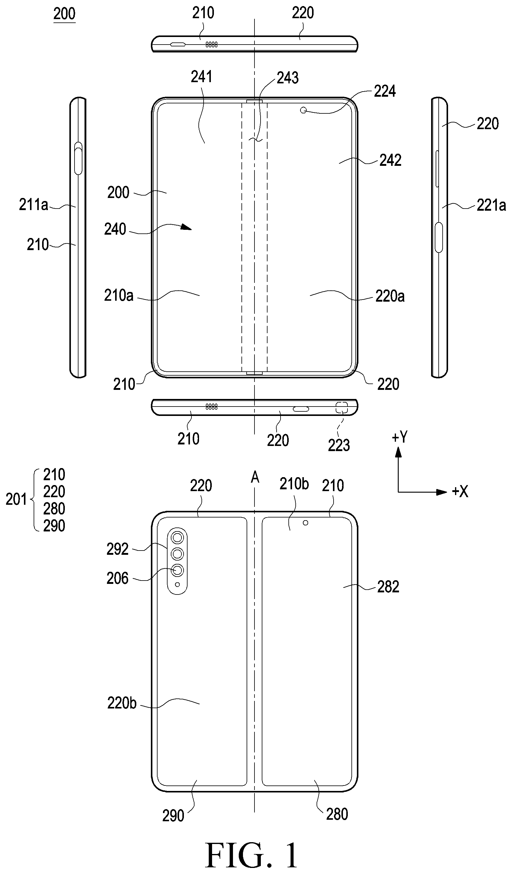 Patent US12602076 Figure 1 – Electronic device comprising hinge module