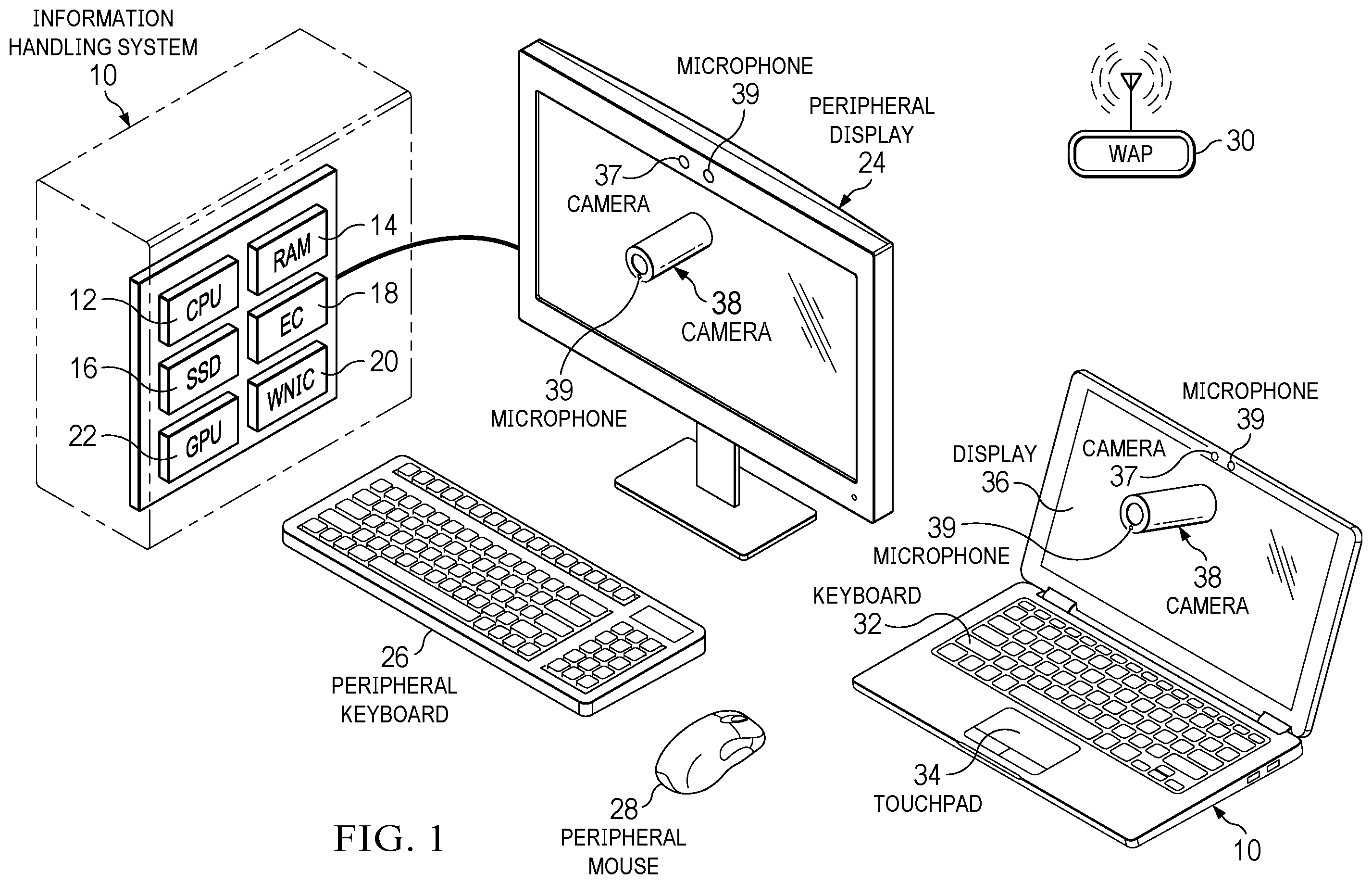 Patent US12602078 Figure 1 – Portable information handling system peripheral camera and dock with contoured wireless charging