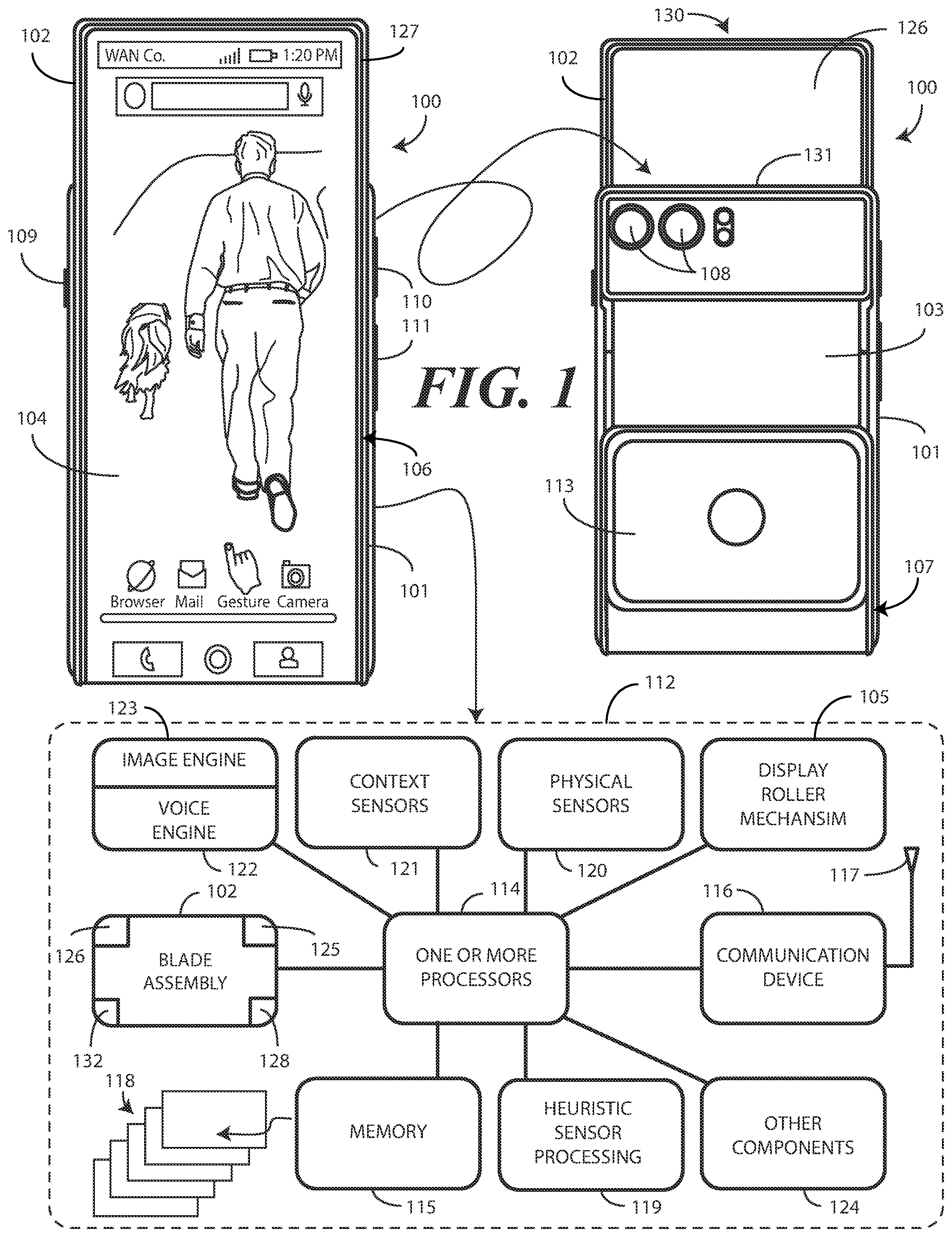 Patent US12602082 Figure 1 – Electronic devices with translating flexible displays and corresponding methods for providing haptic feedback