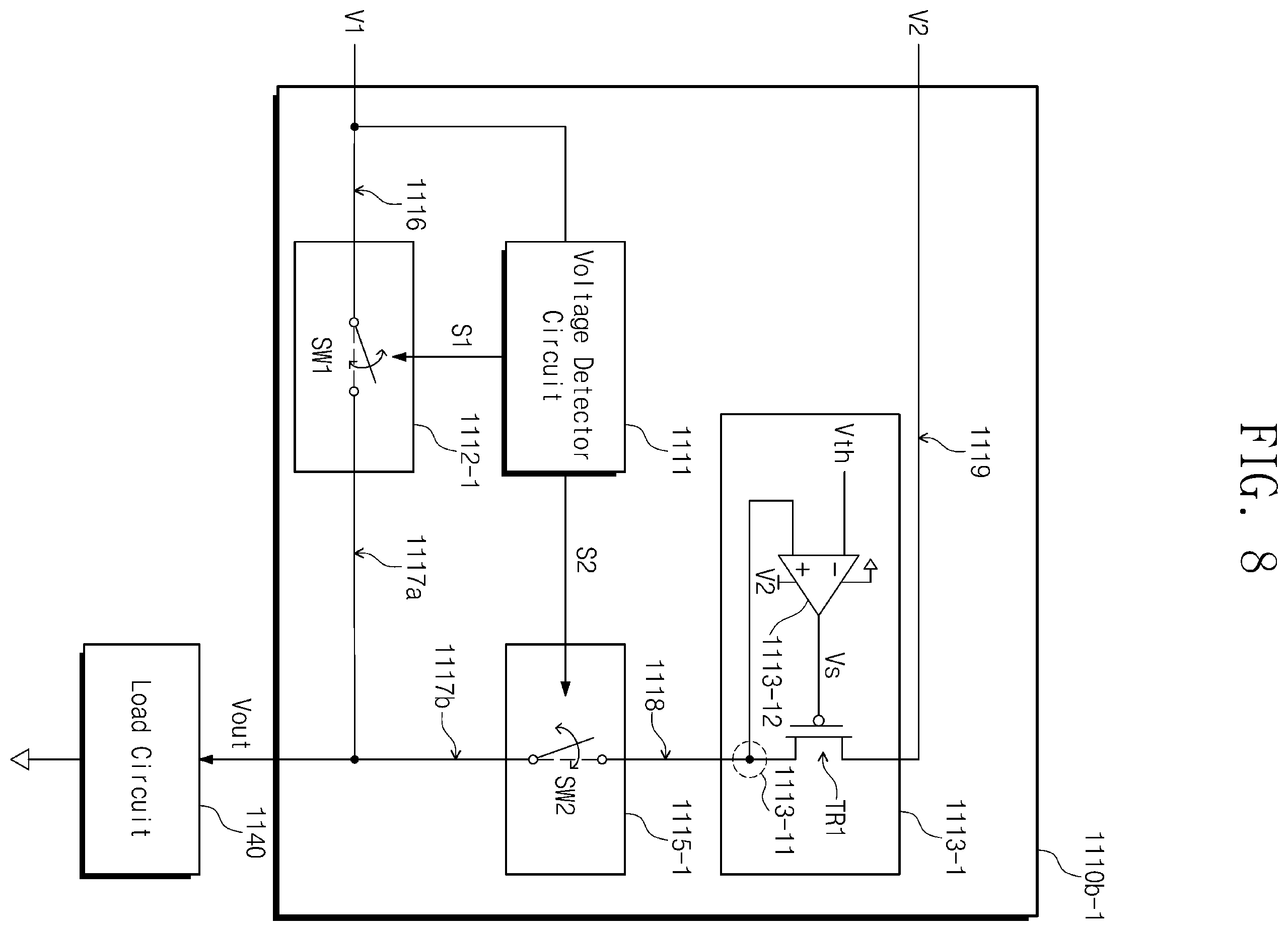 Patent US12602098 Figure 8 – Electronic circuit for outputting voltage based on a plurality of input voltages