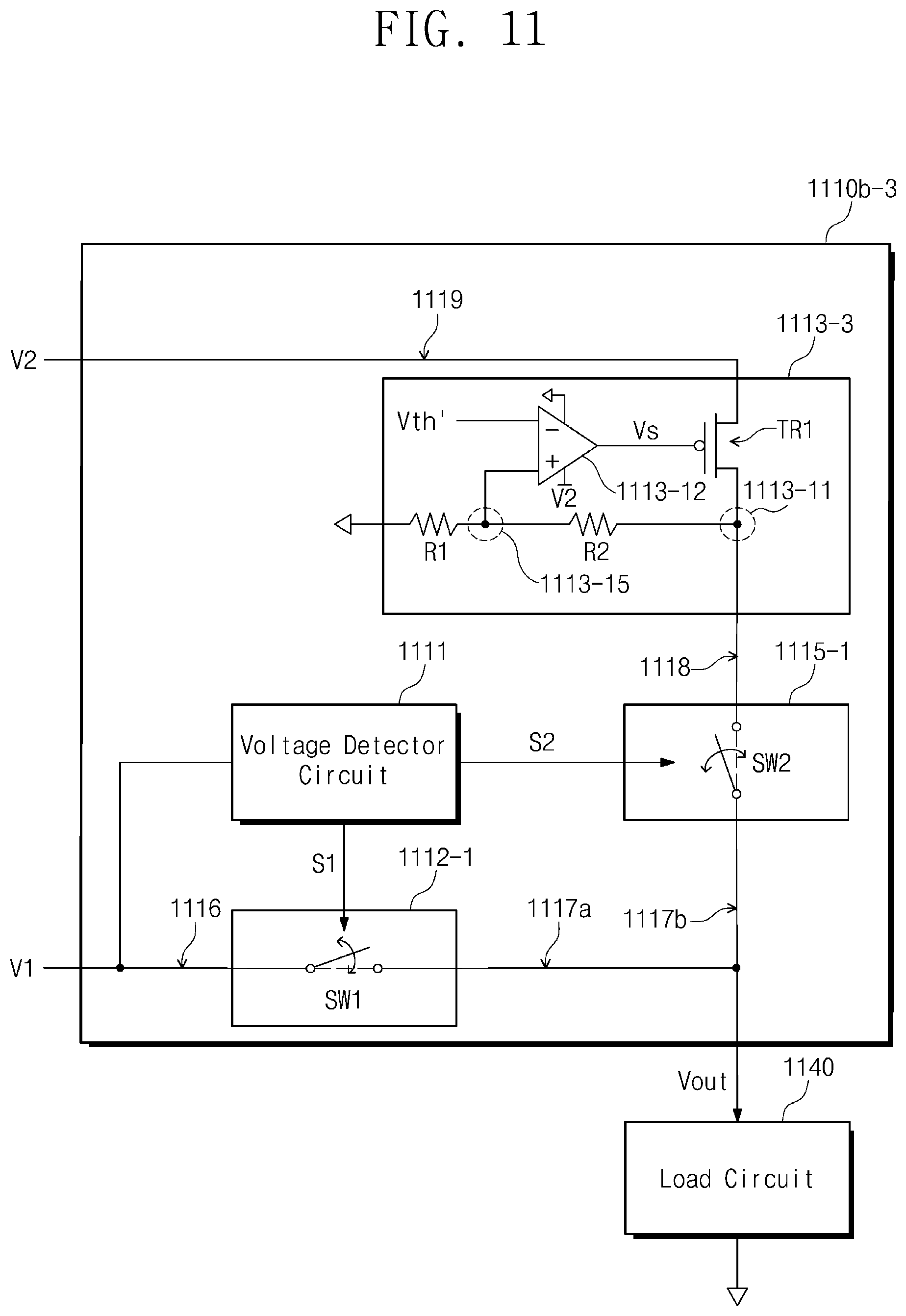 Patent US12602098 Figure 11 – Electronic circuit for outputting voltage based on a plurality of input voltages