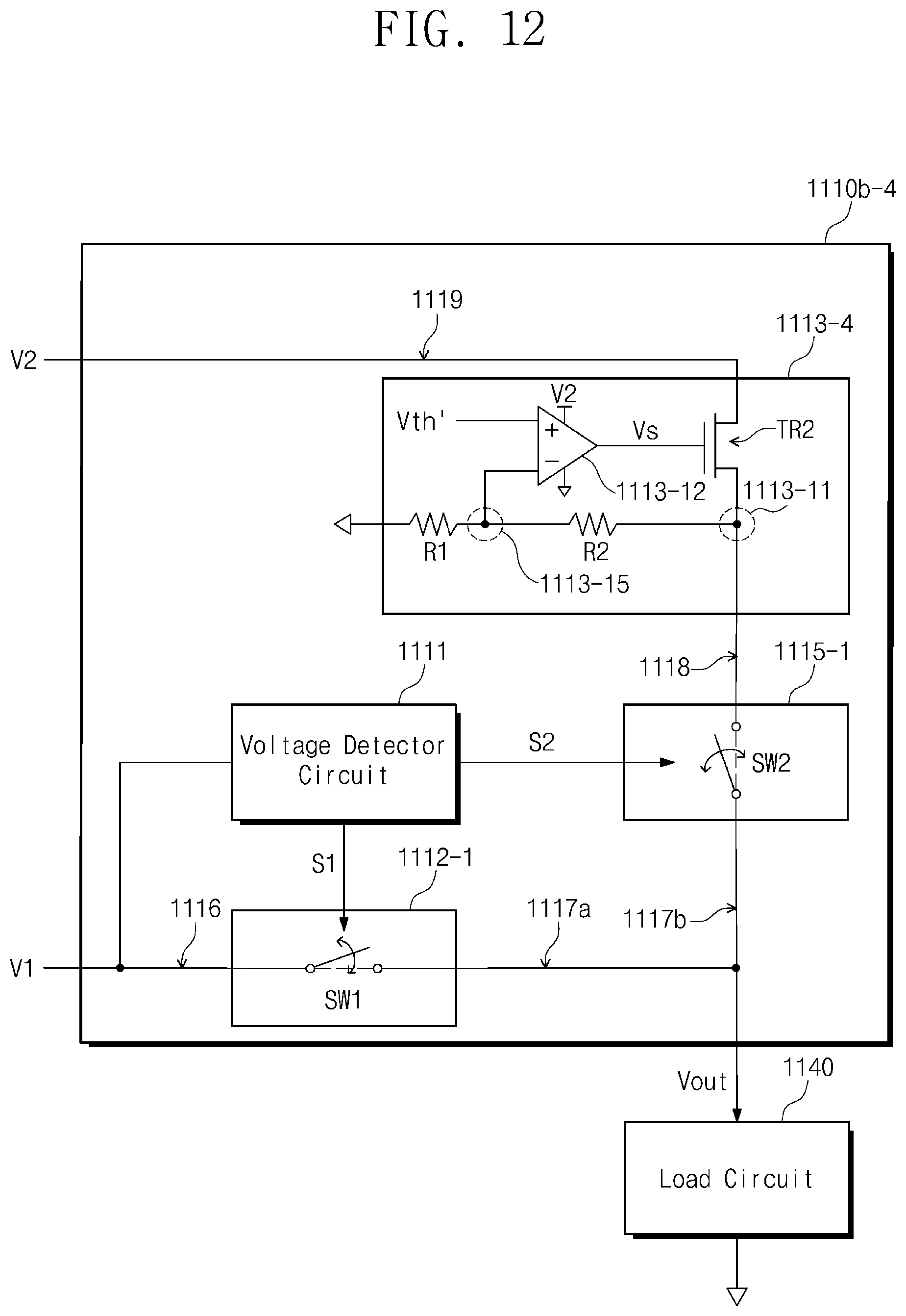 Patent US12602098 Figure 12 – Electronic circuit for outputting voltage based on a plurality of input voltages