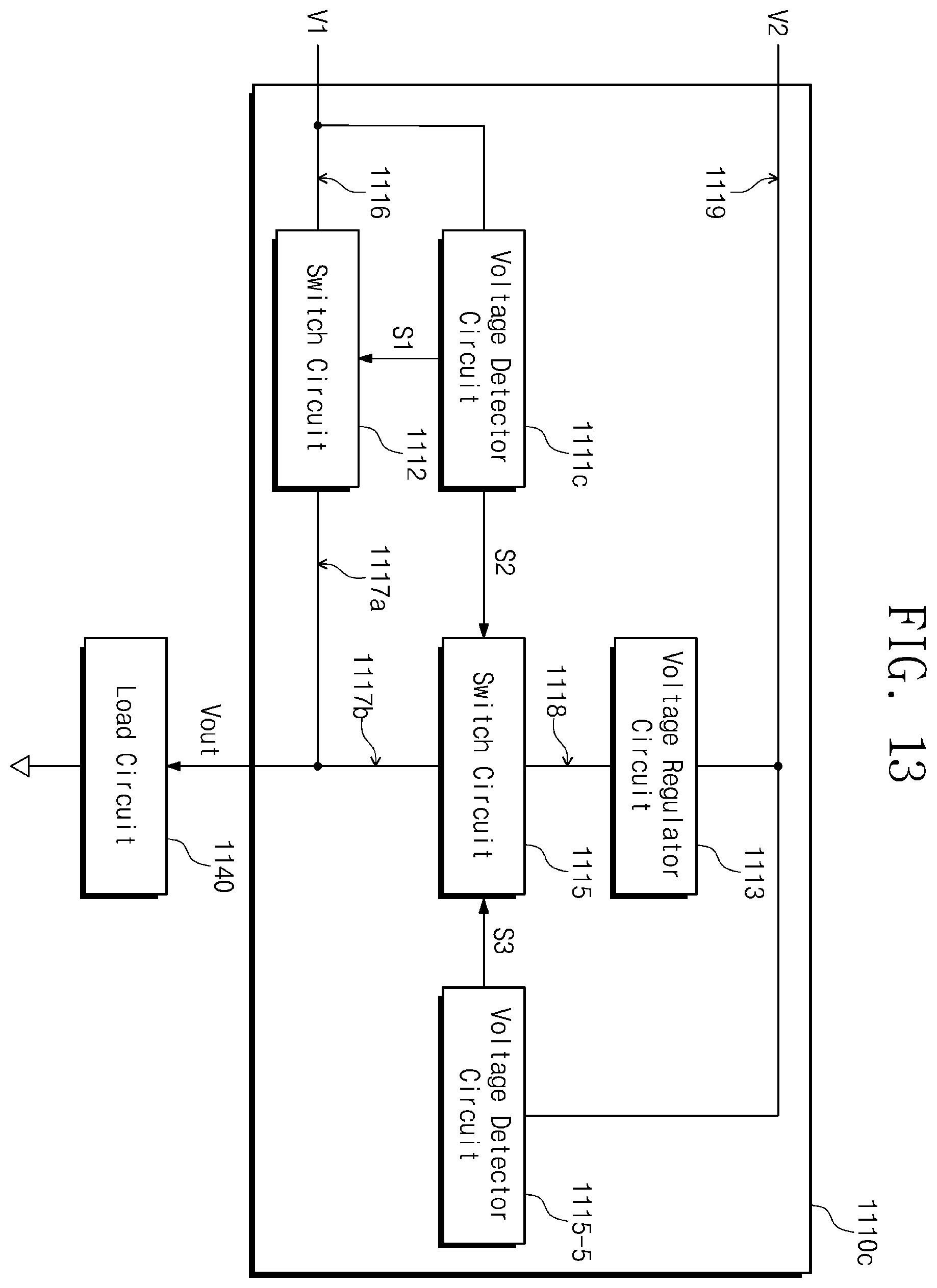 Patent US12602098 Figure 13 – Electronic circuit for outputting voltage based on a plurality of input voltages