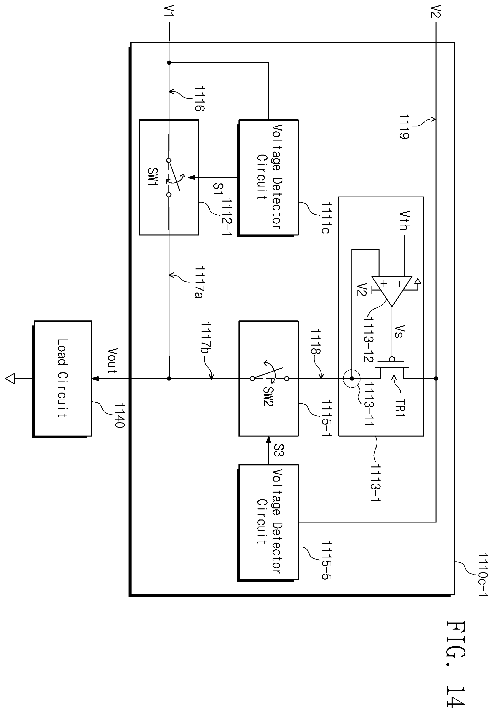 Patent US12602098 Figure 14 – Electronic circuit for outputting voltage based on a plurality of input voltages