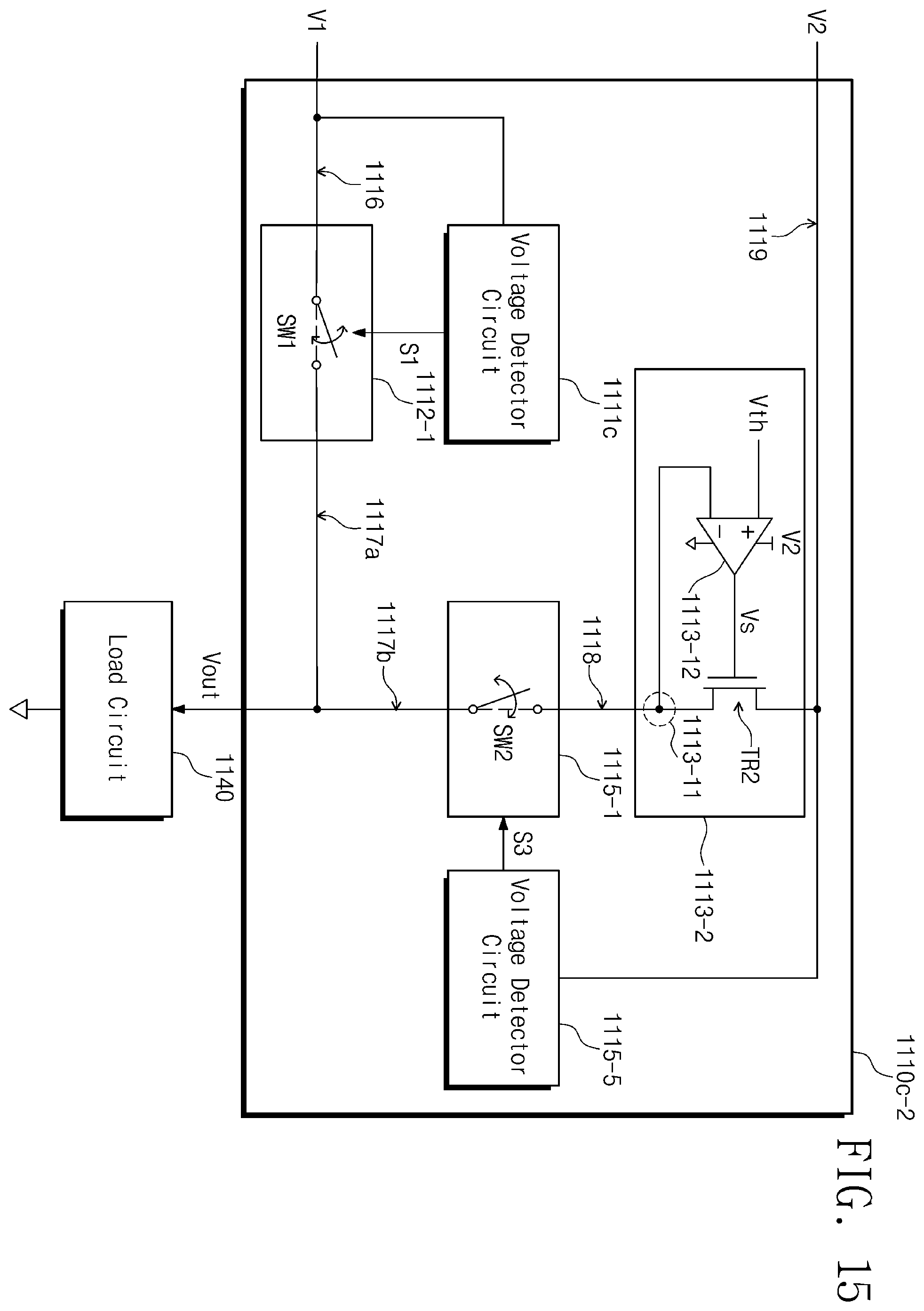 Patent US12602098 Figure 15 – Electronic circuit for outputting voltage based on a plurality of input voltages