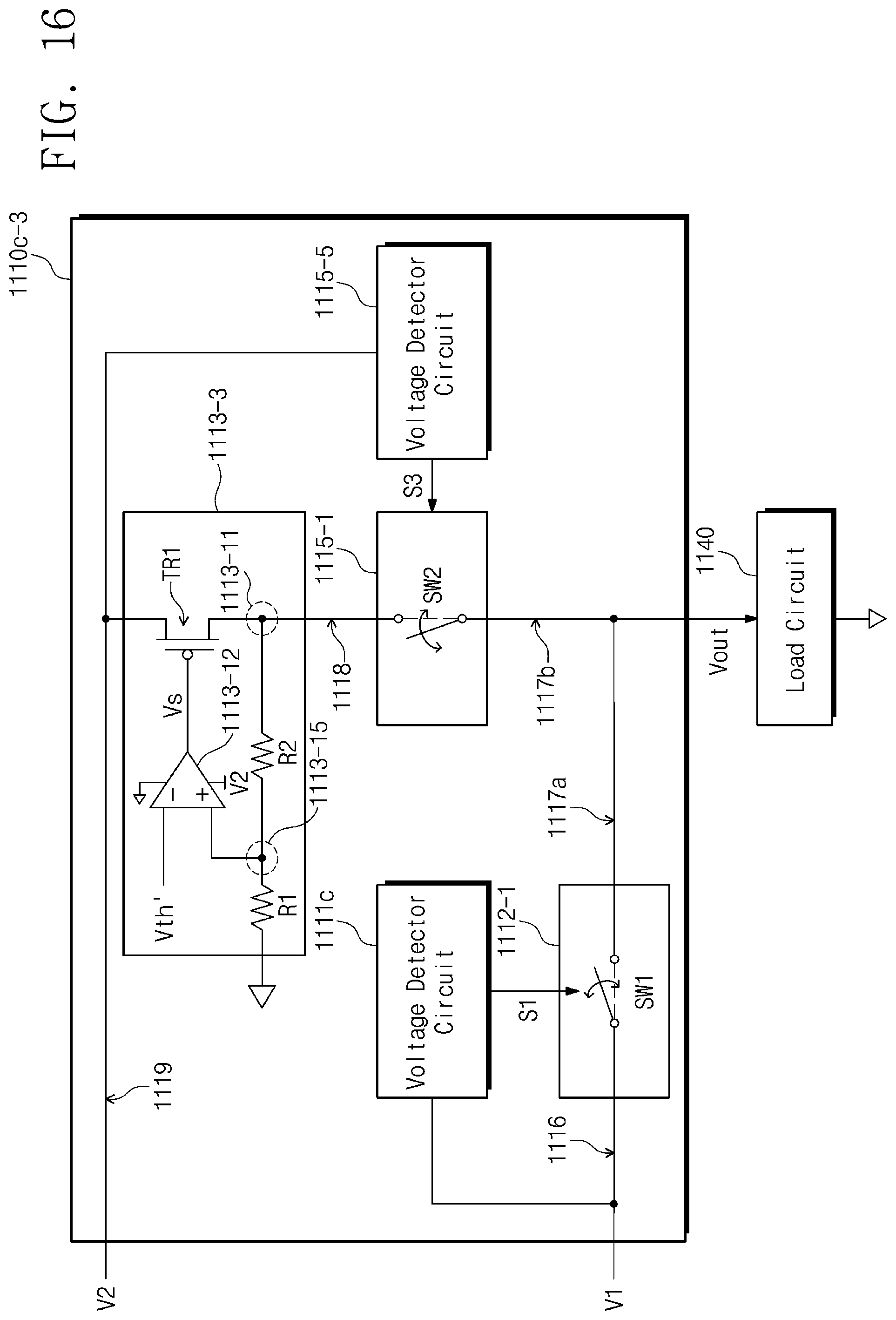 Patent US12602098 Figure 16 – Electronic circuit for outputting voltage based on a plurality of input voltages