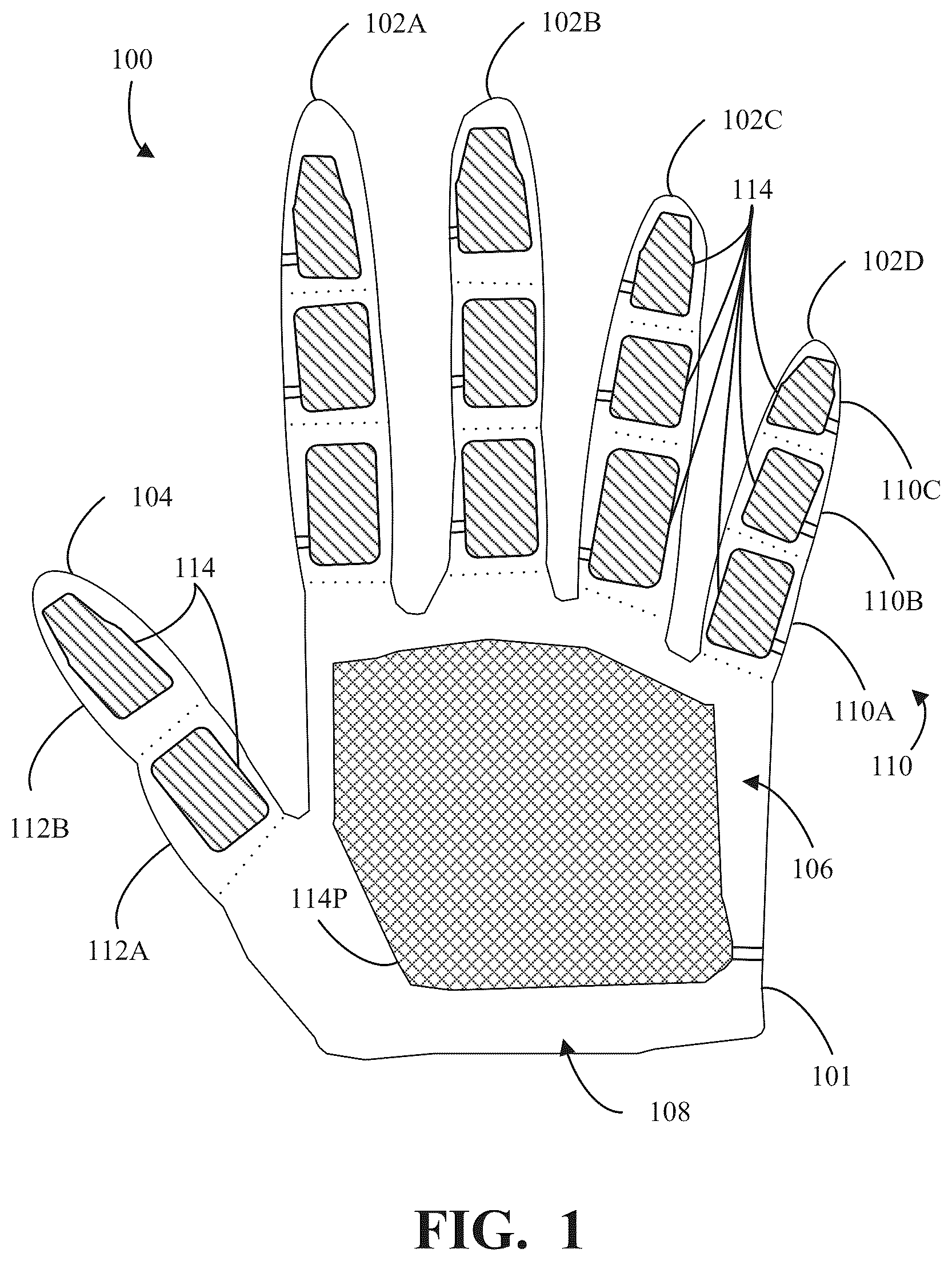 Patent US12602110 Figure 1 – Sensing gloves for performing tasks