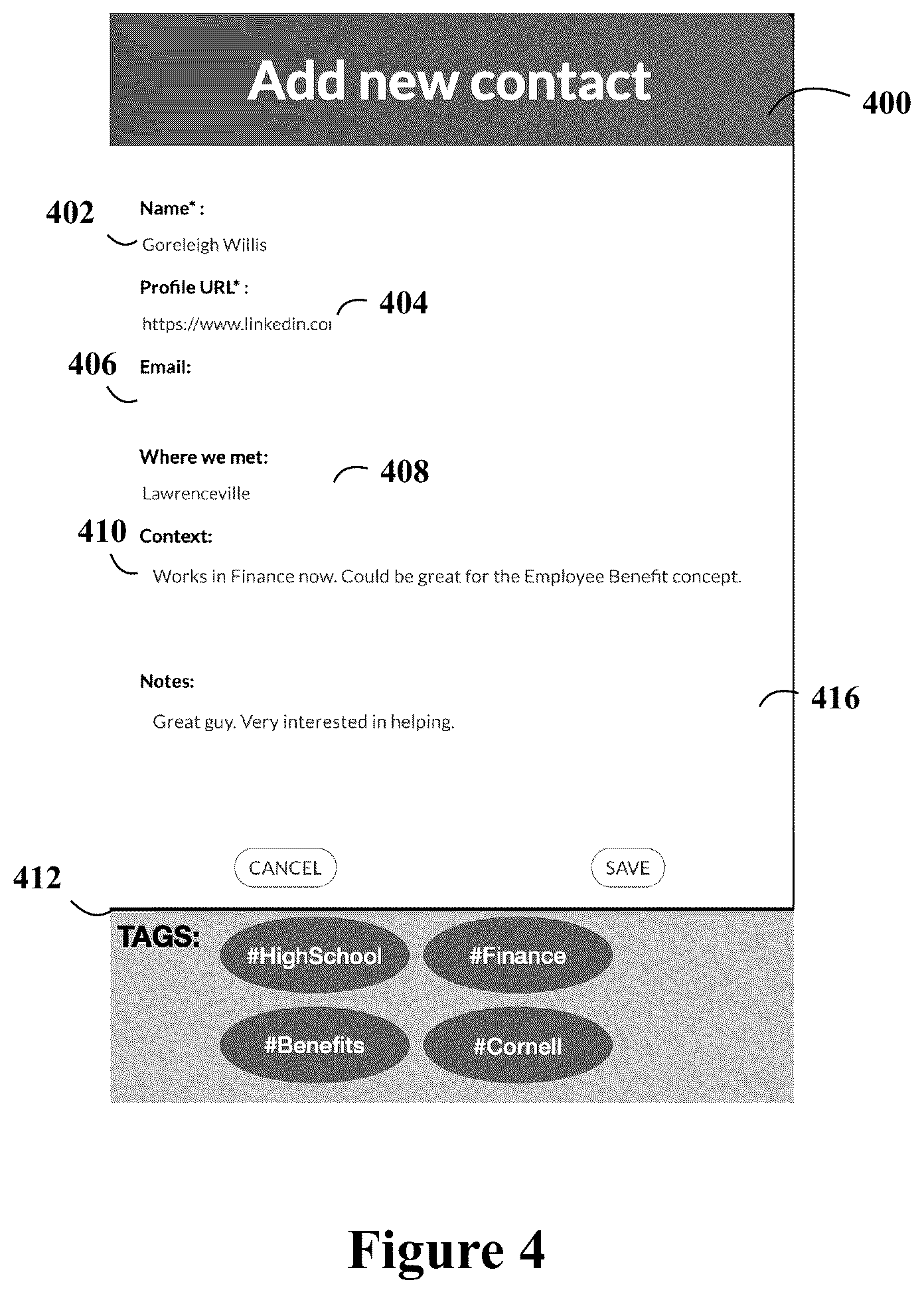 Patent US12602140 Figure 4 – System and method for contact management