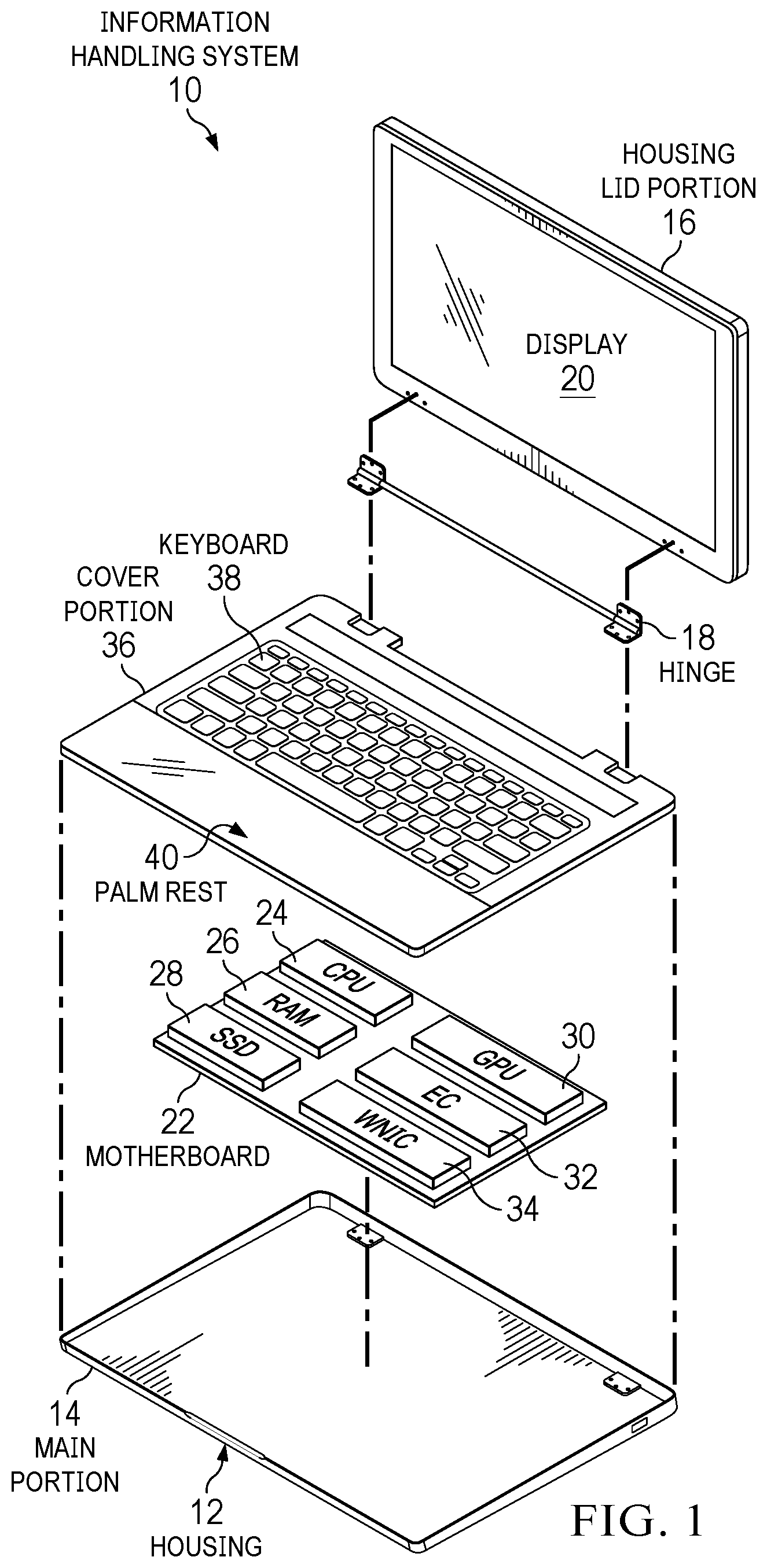 Patent US12602156 Figure 1 – Information handling system touch detection palm rest to support touch function row