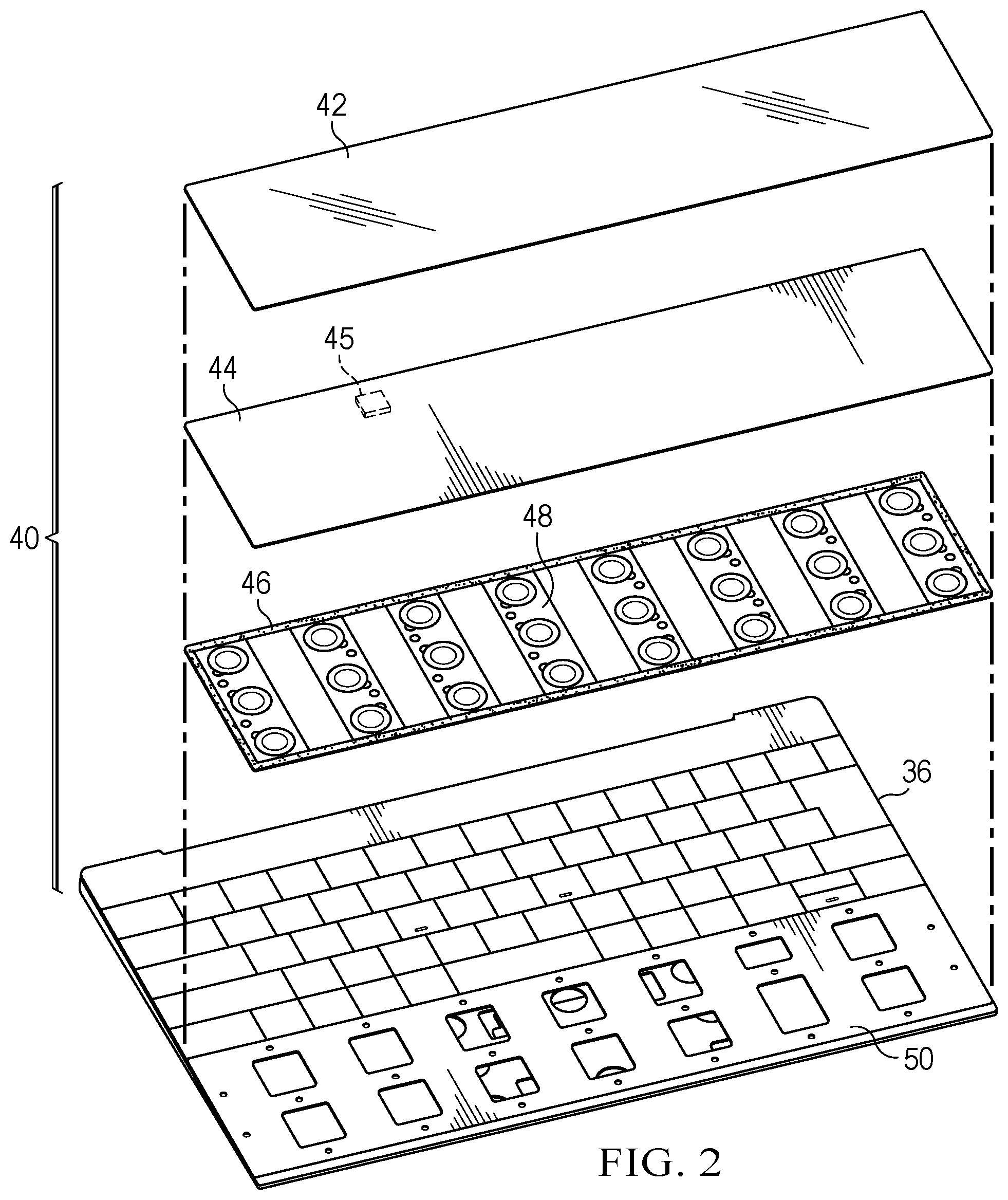 Patent US12602156 Figure 2 – Information handling system touch detection palm rest to support touch function row