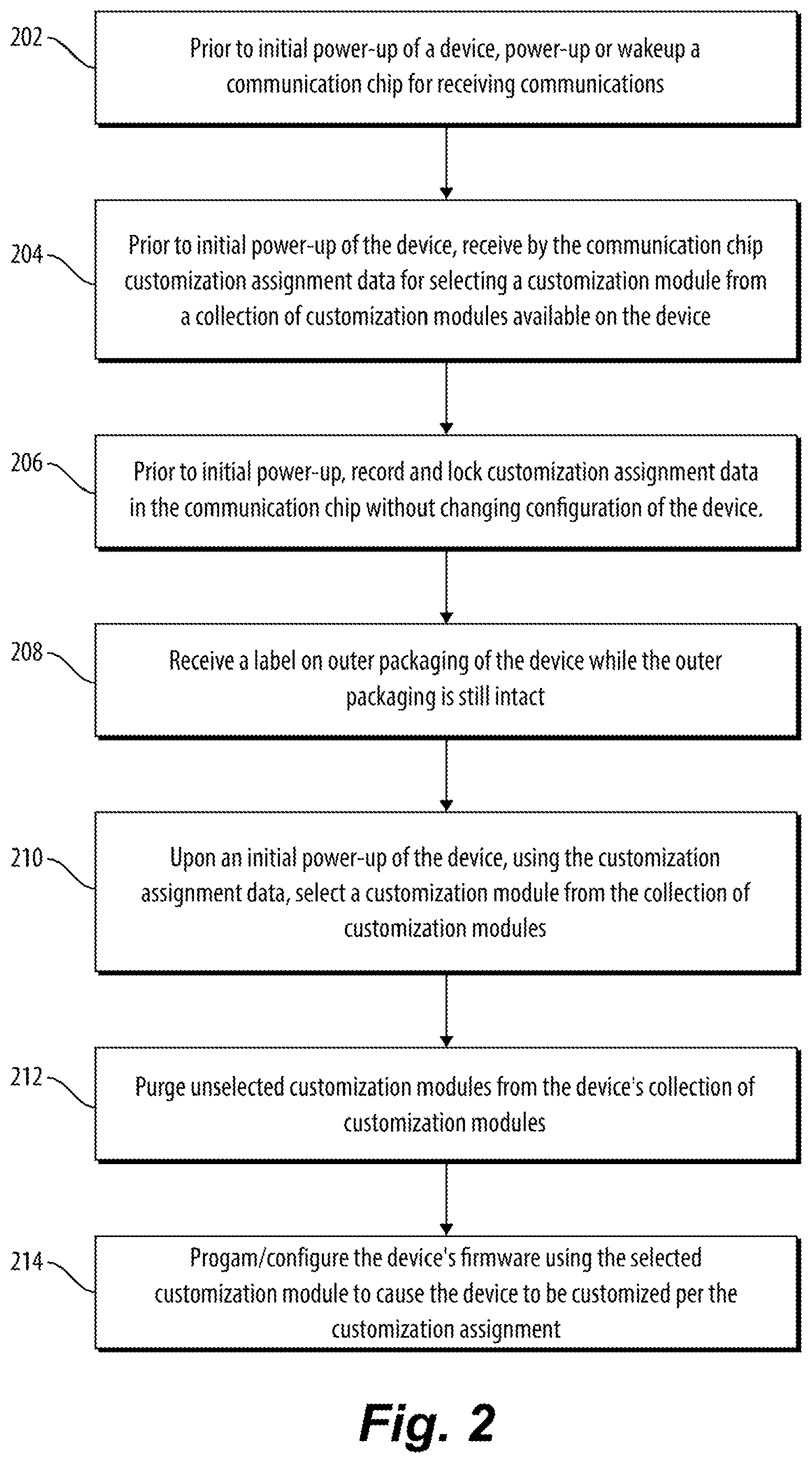 Patent US12602236 Figure 2 – Device customization while remaining in an integral outer package using NFC or RFID to update or upgrade firmware prior to initial power-up
