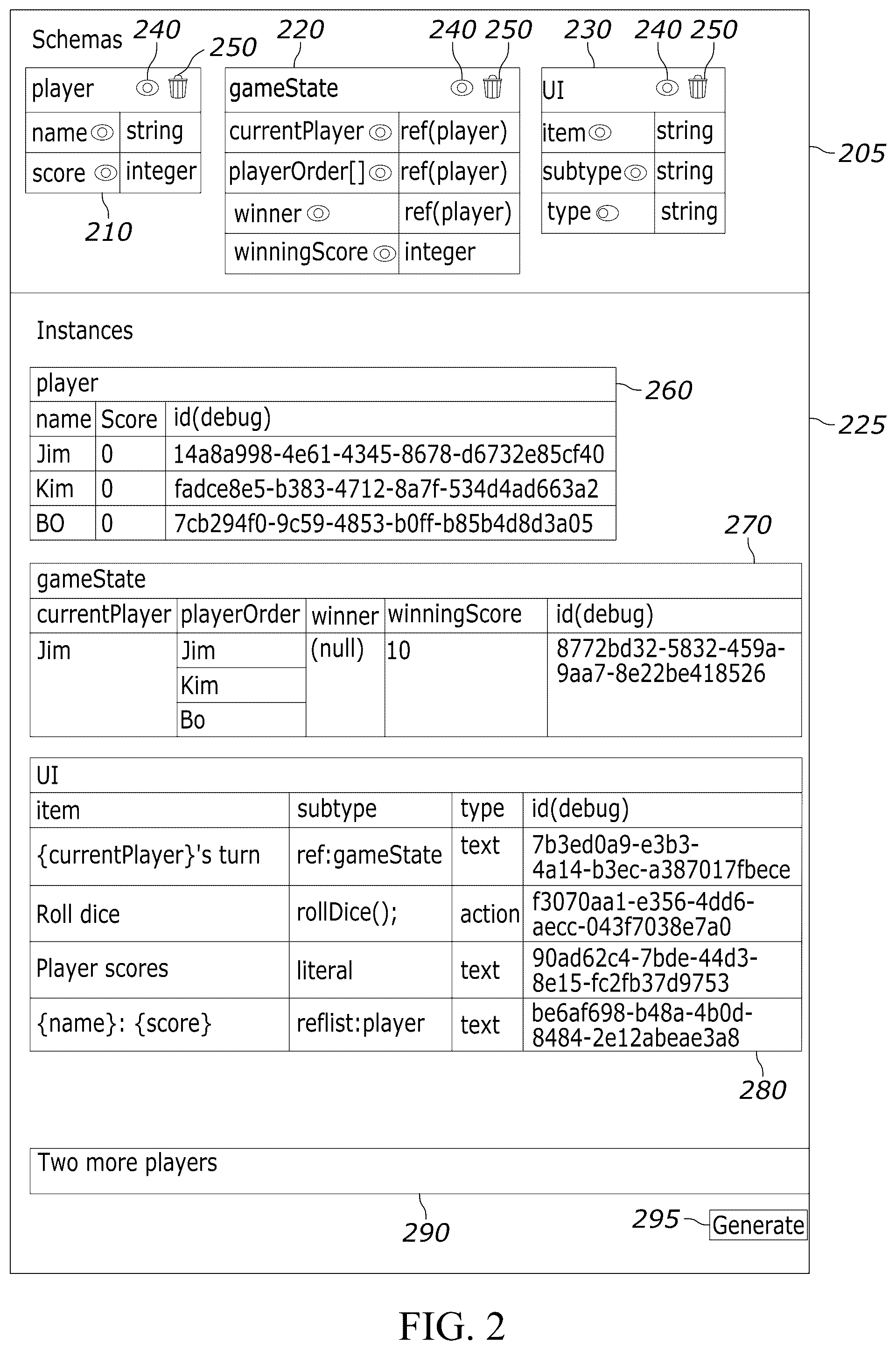 Patent US12602355 Figure 2 – LLM-based game schema generation, cross-referencing, and instantiation