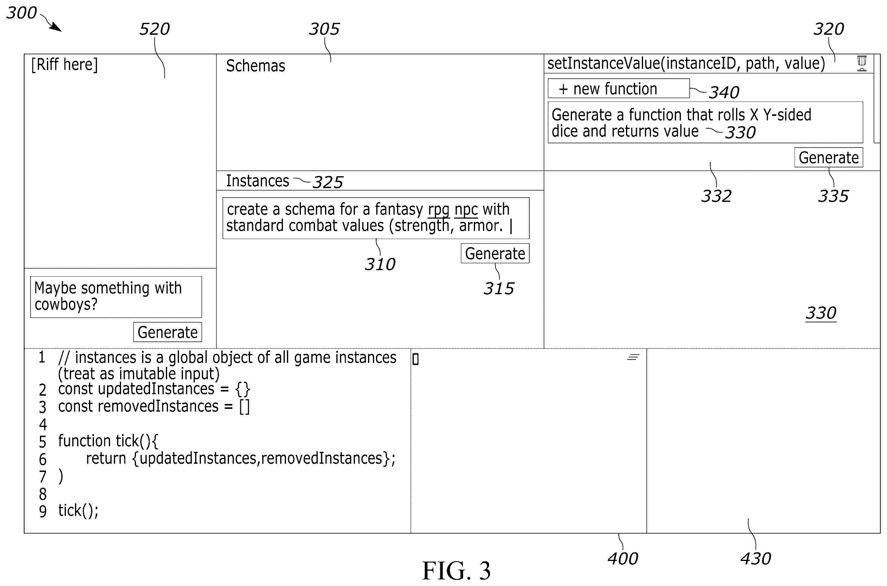 Patent US12602355 Figure 3 – LLM-based game schema generation, cross-referencing, and instantiation