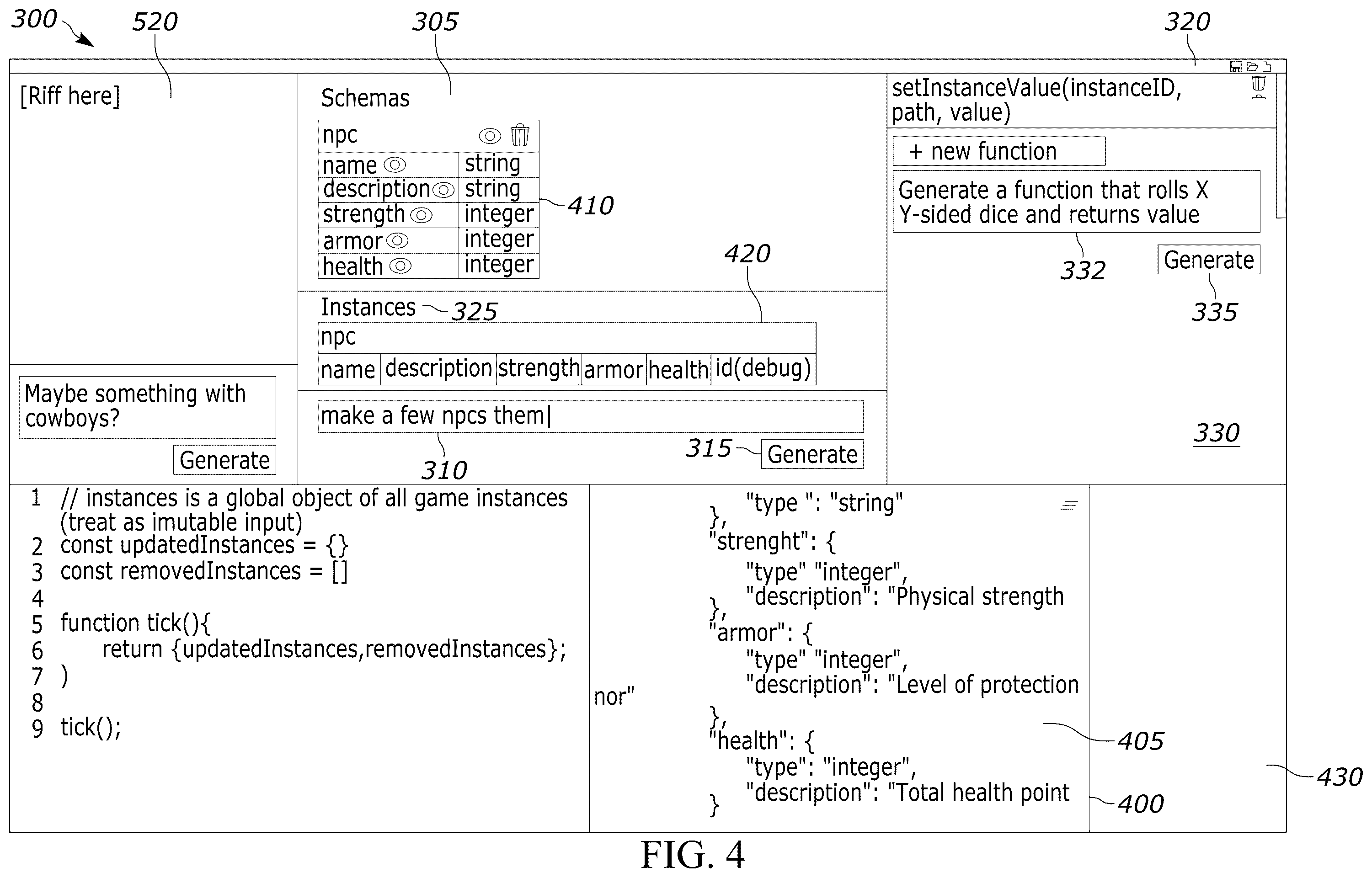Patent US12602355 Figure 4 – LLM-based game schema generation, cross-referencing, and instantiation